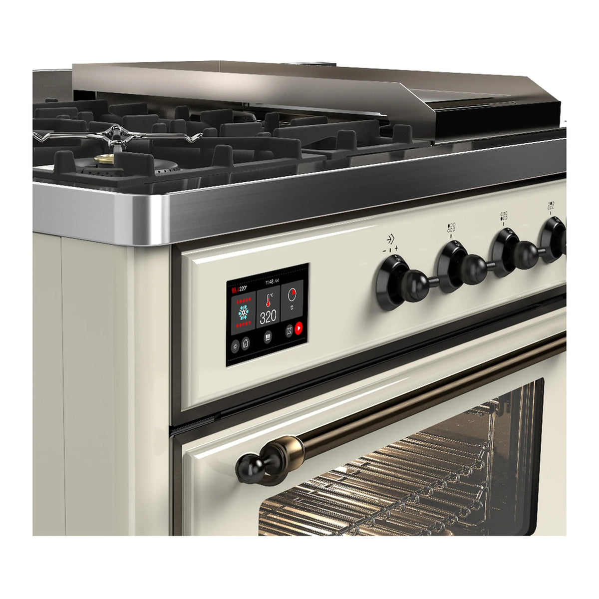 ILVE Majestic III 48-inch Dual Fuel Range with 5 Natural Gas Burner, Griddle, French Top and Triple Glass Door Electric Oven in Antique White with Burnished Trim (UM48FSNR3AWB)