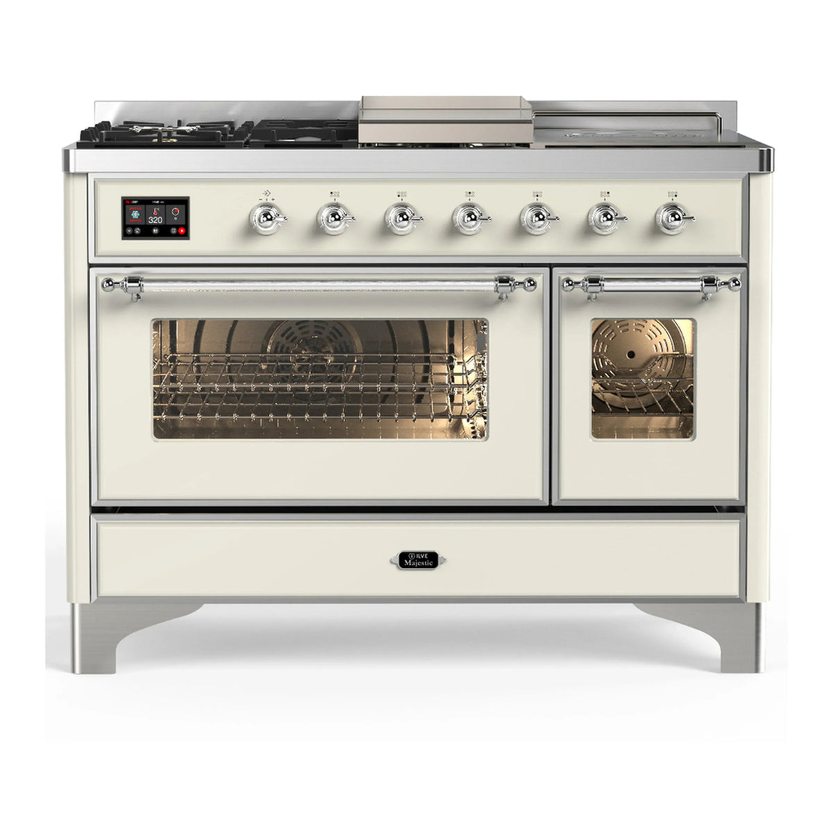 ILVE Majestic III 48-inch Dual Fuel Range with 5 Natural Gas Burner, Griddle, French Top and Triple Glass Door Electric Oven in Antique White with Chrome Trim (UM48FSNR3AWC)