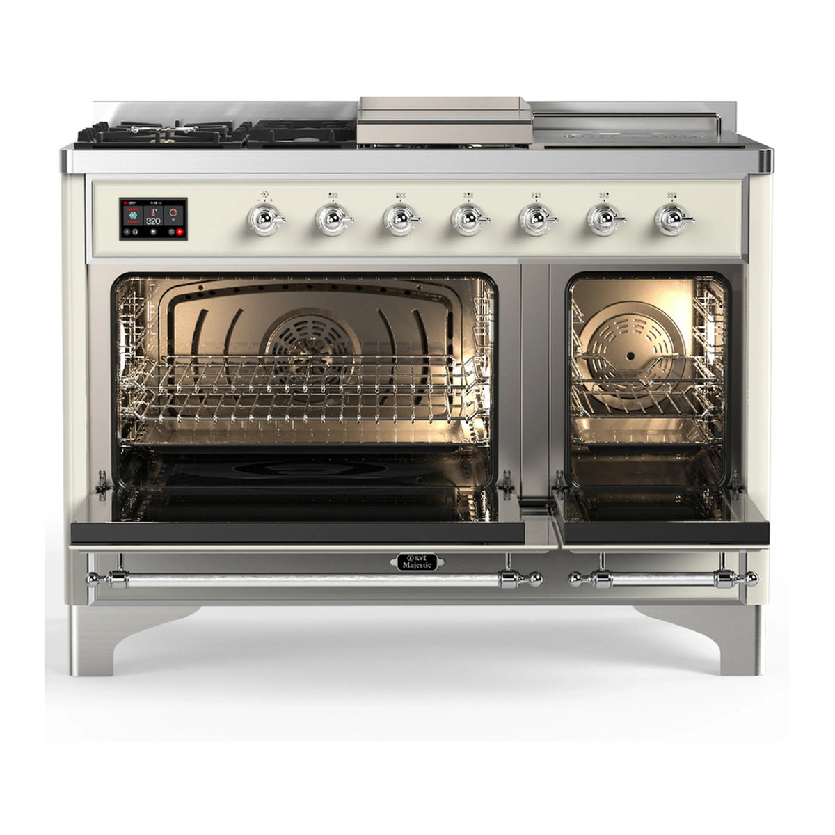 ILVE Majestic III 48-inch Dual Fuel Range with 5 Natural Gas Burner, Griddle, French Top and Triple Glass Door Electric Oven in Antique White with Chrome Trim (UM48FSNR3AWC)