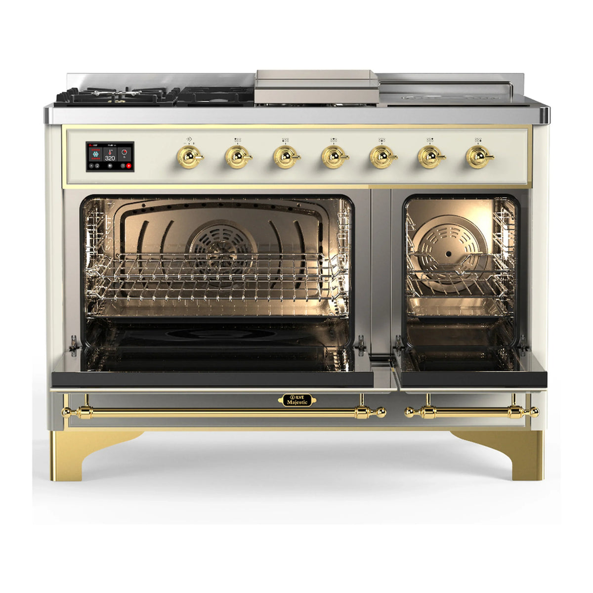 ILVE Majestic III 48-inch Dual Fuel Range with 5 Natural Gas Burner, Griddle, French Top and Triple Glass Door Electric Oven in Antique White with Brass Trim (UM48FSNR3AWG)