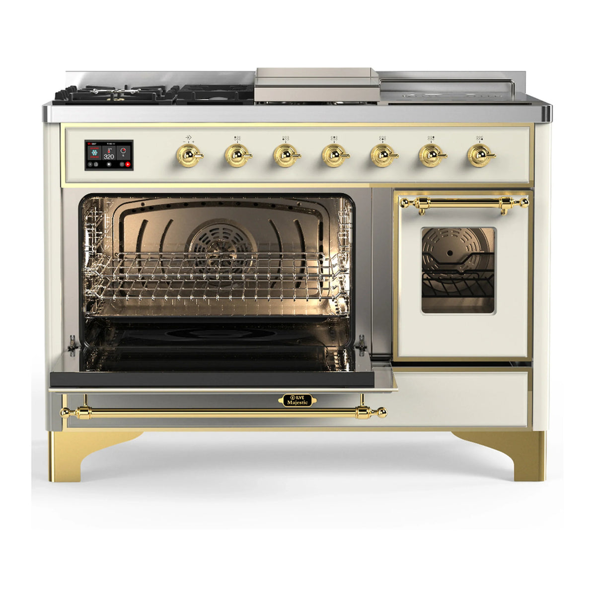 ILVE Majestic III 48-inch Dual Fuel Range with 5 Natural Gas Burner, Griddle, French Top and Triple Glass Door Electric Oven in Antique White with Brass Trim (UM48FSNR3AWG)