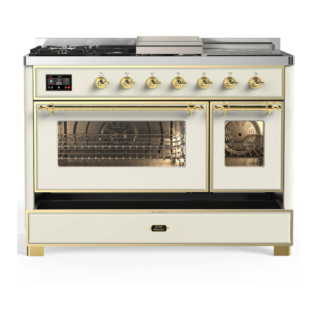ILVE Majestic III 48-inch Dual Fuel Range with 5 Natural Gas Burner, Griddle, French Top and Triple Glass Door Electric Oven in Antique White with Brass Trim (UM48FSNR3AWG)