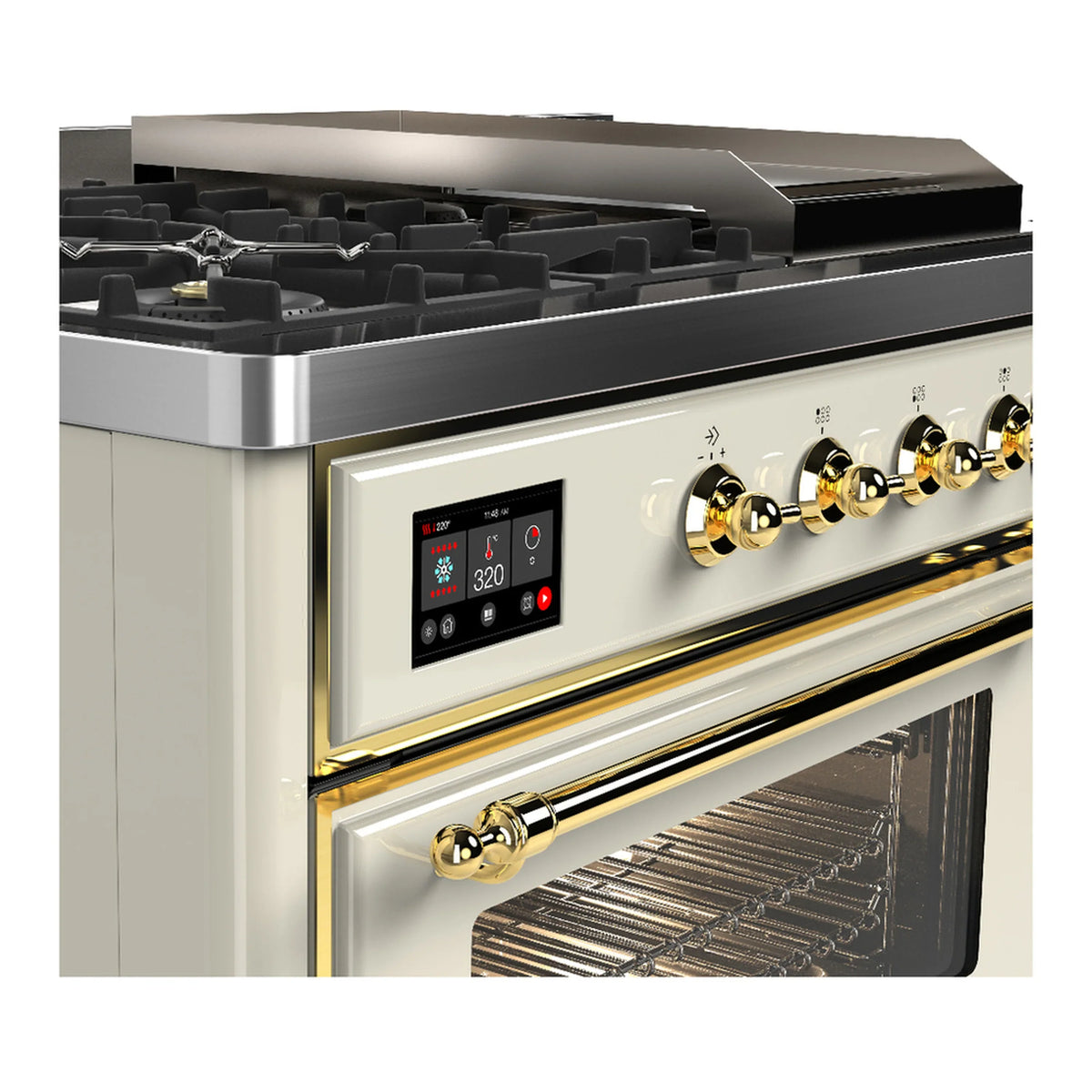 ILVE Majestic III 48-inch Dual Fuel Range with 5 Natural Gas Burner, Griddle, French Top and Triple Glass Door Electric Oven in Antique White with Brass Trim (UM48FSNR3AWG)