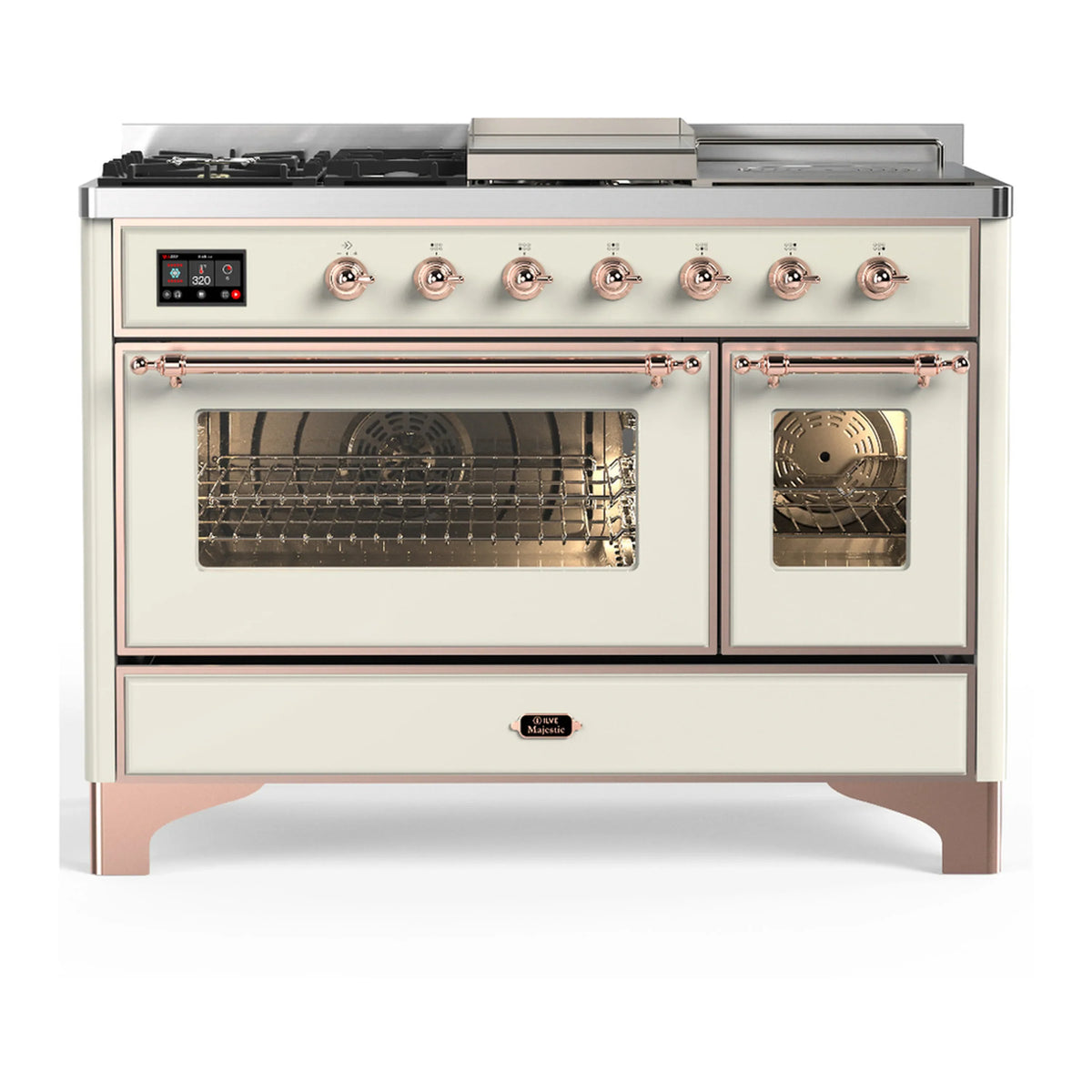ILVE Majestic III 48-Inch Dual Fuel Range, 5 LP Burners, Griddle, French Top, Triple Glass Door, Antique White, Copper Trim (UM48FSNR3AWPLP)