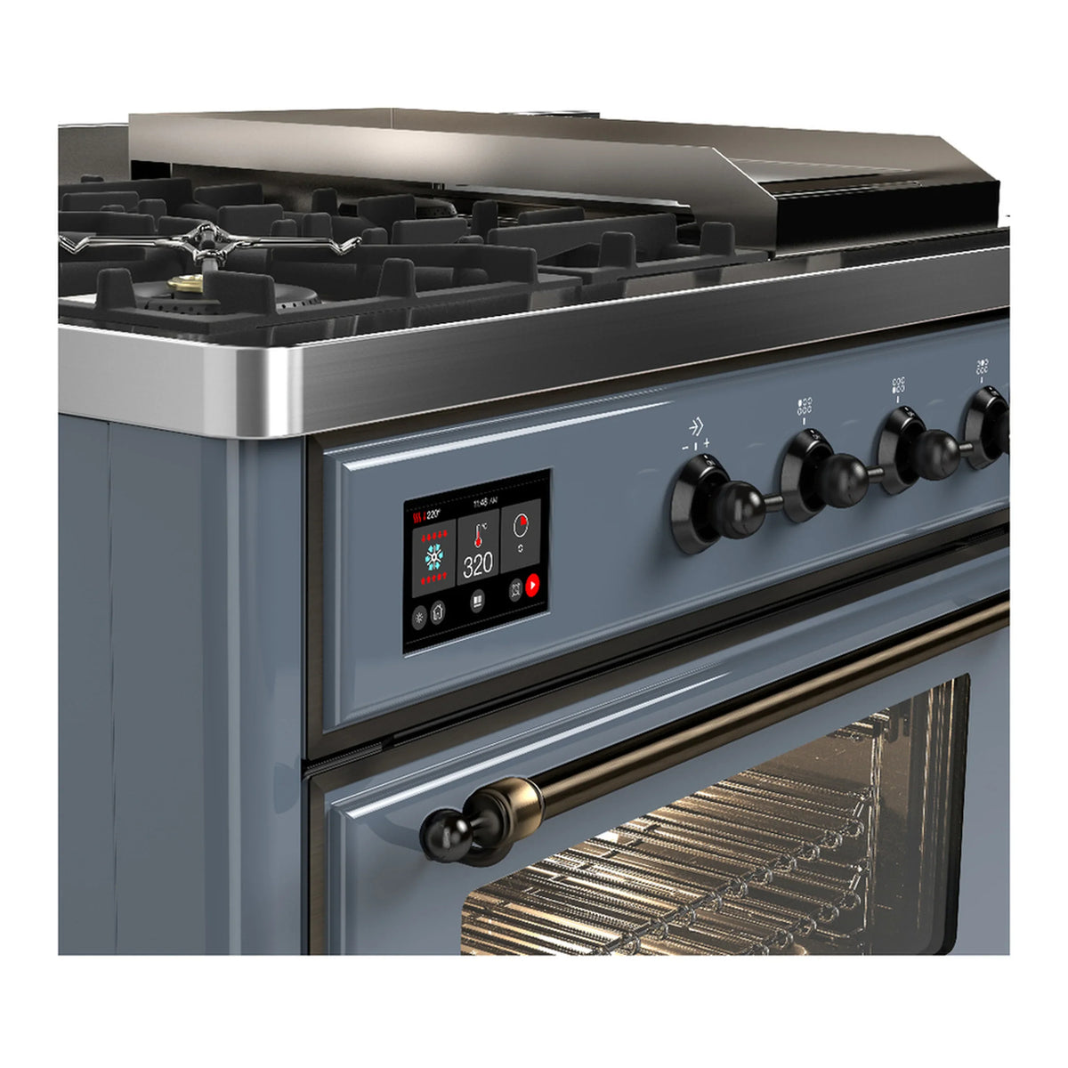 ILVE Majestic III 48-inch Dual Fuel Range with 5 Natural Gas Burner, Griddle, French Top and Triple Glass Door Electric Oven in Blue Grey with Burnished Trim (UM48FSNR3BGB)
