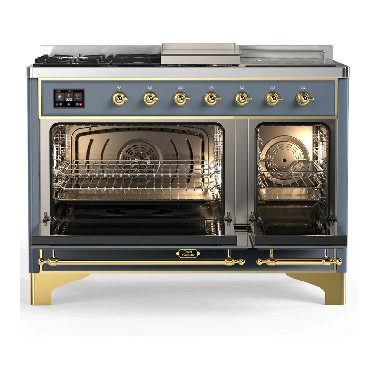 ILVE Majestic III 48-inch Dual Fuel Range with 5 Natural Gas Burner, Griddle, French Top and Triple Glass Door Electric Oven in Blue Grey with Brass Trim (UM48FSNR3BGG)