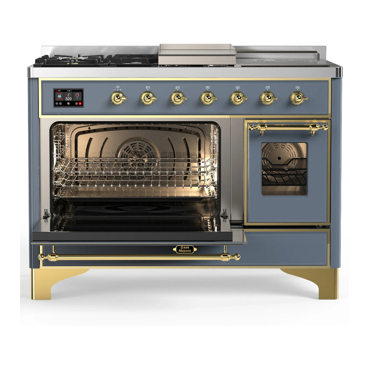 ILVE Majestic III 48-inch Dual Fuel Range with 5 Natural Gas Burner, Griddle, French Top and Triple Glass Door Electric Oven in Blue Grey with Brass Trim (UM48FSNR3BGG)