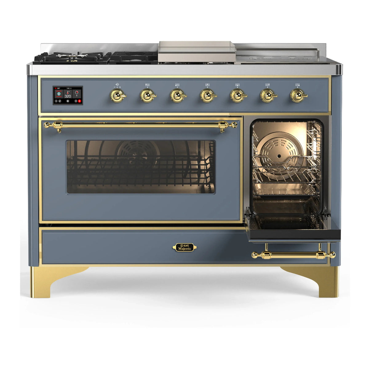 ILVE Majestic III 48-inch Dual Fuel Range with 5 Natural Gas Burner, Griddle, French Top and Triple Glass Door Electric Oven in Blue Grey with Brass Trim (UM48FSNR3BGG)