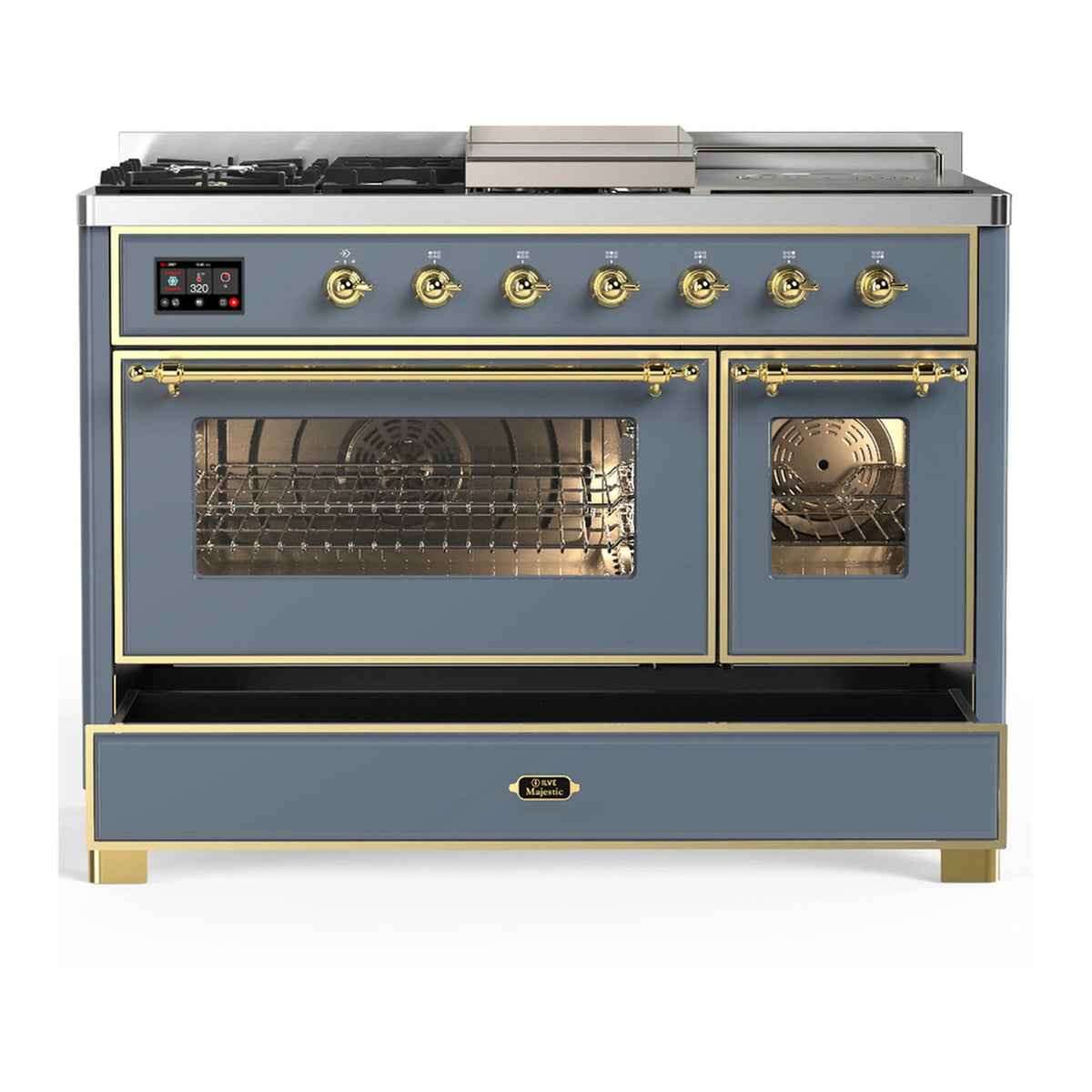 ILVE Majestic III 48-inch Dual Fuel Range with 5 Natural Gas Burner, Griddle, French Top and Triple Glass Door Electric Oven in Blue Grey with Brass Trim (UM48FSNR3BGG)