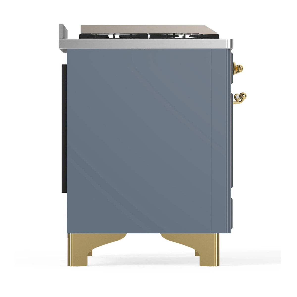 ILVE Majestic III 48-inch Dual Fuel Range with 5 Natural Gas Burner, Griddle, French Top and Triple Glass Door Electric Oven in Blue Grey with Brass Trim (UM48FSNR3BGG)