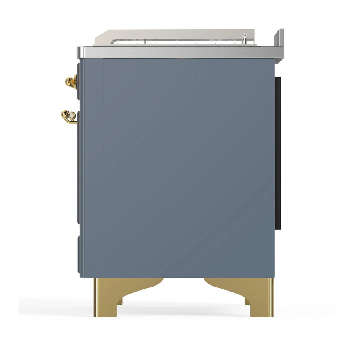 ILVE Majestic III 48-inch Dual Fuel Range with 5 Natural Gas Burner, Griddle, French Top and Triple Glass Door Electric Oven in Blue Grey with Brass Trim (UM48FSNR3BGG)