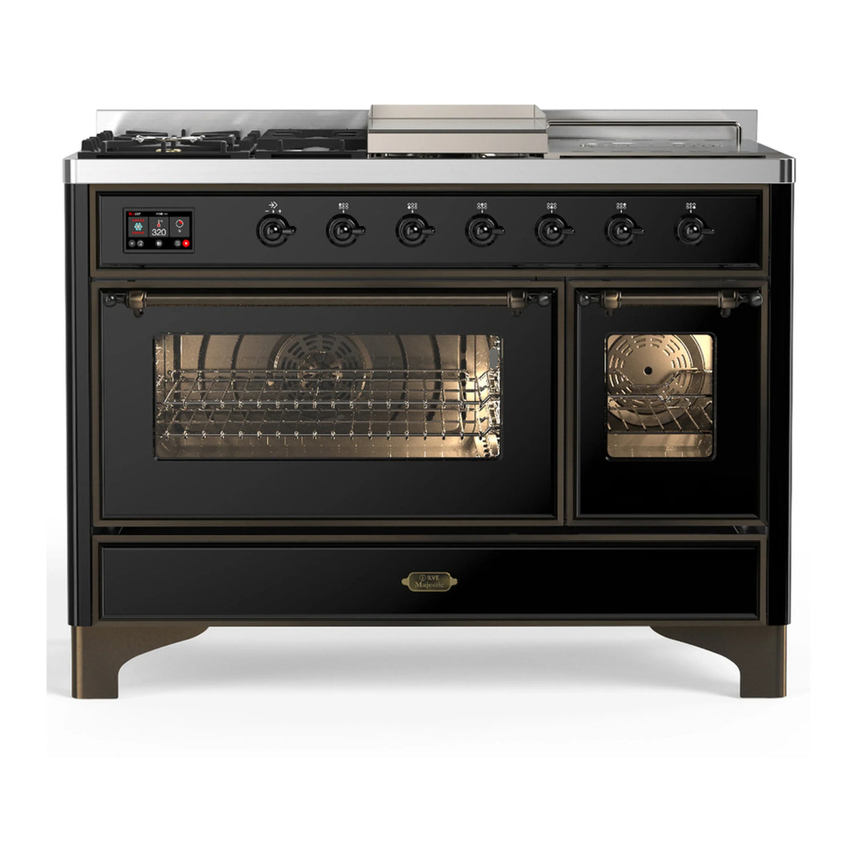 ILVE Majestic III 48-inch Dual Fuel Range with 5 Natural Gas Burner, Griddle, French Top and Triple Glass Door Electric Oven in Glossy Black with Burnished Trim (UM48FSNR3BKB)