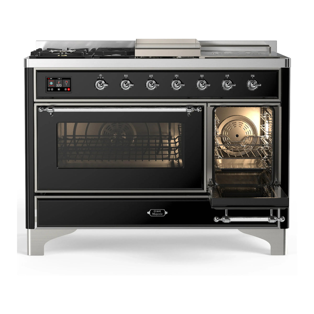 ILVE Majestic III 48-inch Dual Fuel Range with 5 Liquid Propane Burner, Griddle, French Top and Triple Glass Door Electric Oven in Glossy Black with Chrome Trim (UM48FSNR3BKCLP)