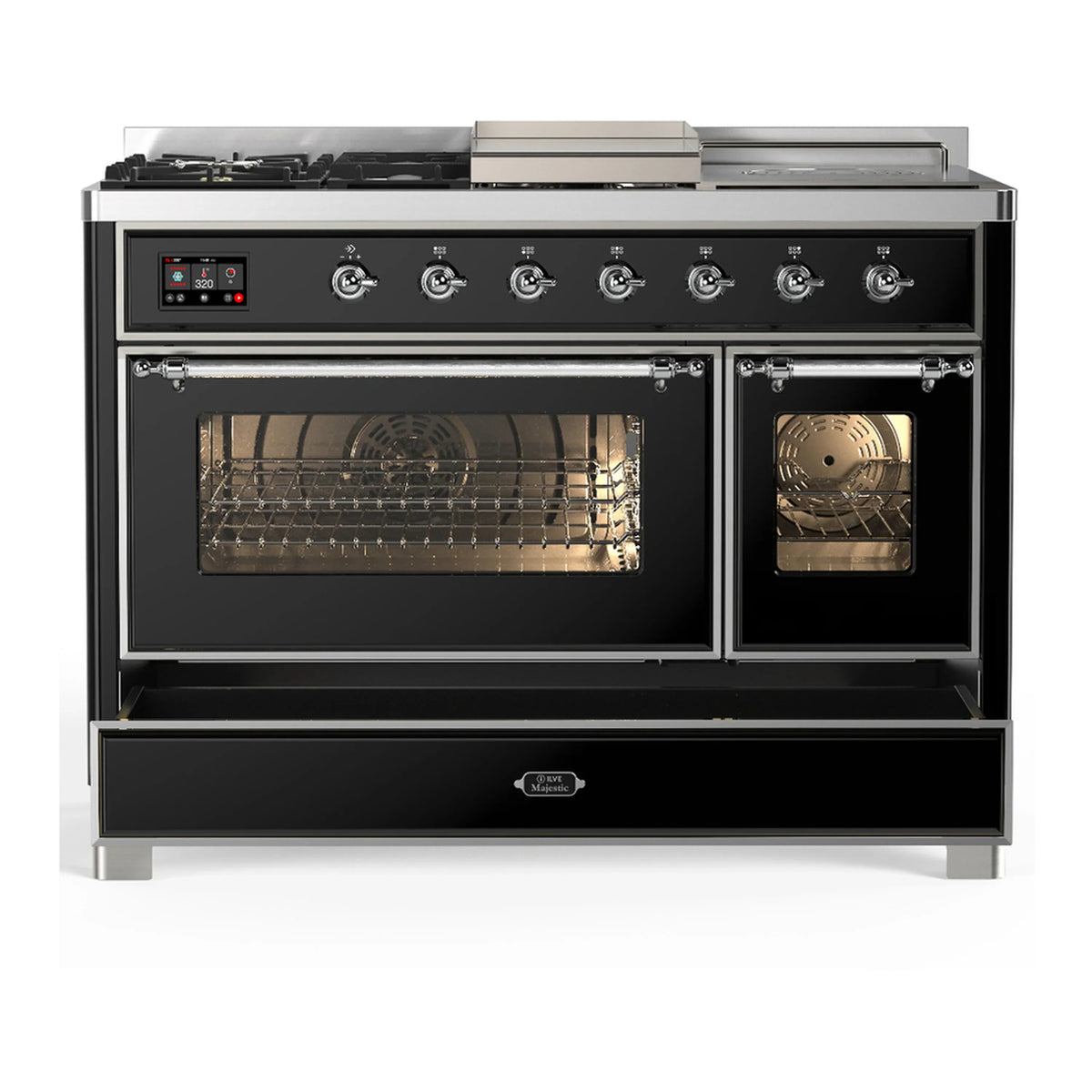 ILVE Majestic III 48-inch Dual Fuel Range with 5 Natural Gas Burner, Griddle, French Top and Triple Glass Door Electric Oven in Glossy Black with Chrome Trim (UM48FSNR3BKC)