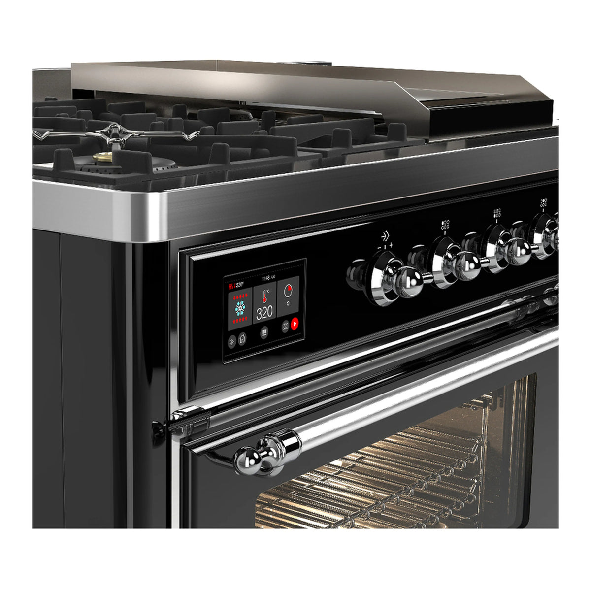 ILVE Majestic III 48-inch Dual Fuel Range with 5 Natural Gas Burner, Griddle, French Top and Triple Glass Door Electric Oven in Glossy Black with Chrome Trim (UM48FSNR3BKC)
