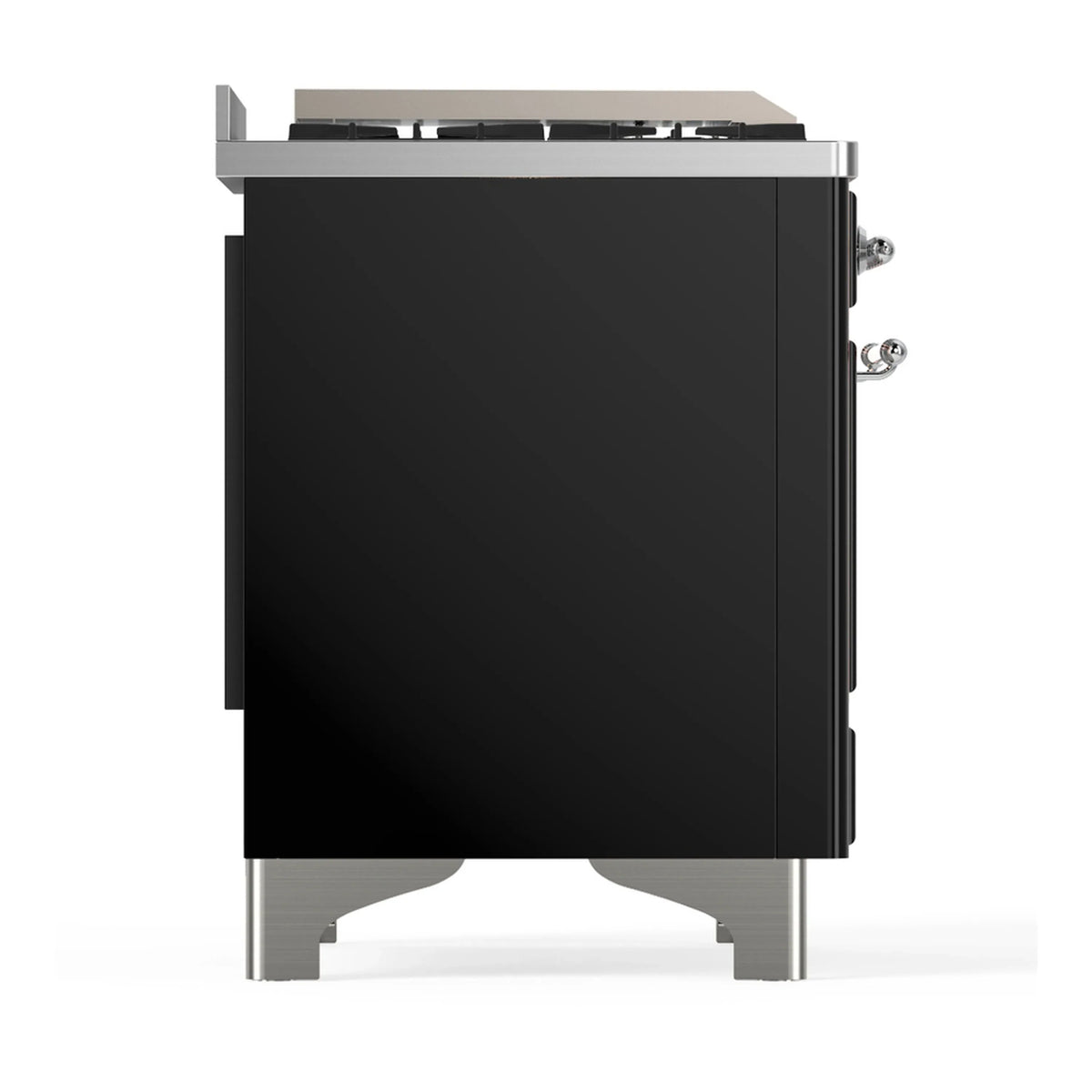 ILVE Majestic III 48-inch Dual Fuel Range with 5 Natural Gas Burner, Griddle, French Top and Triple Glass Door Electric Oven in Glossy Black with Chrome Trim (UM48FSNR3BKC)