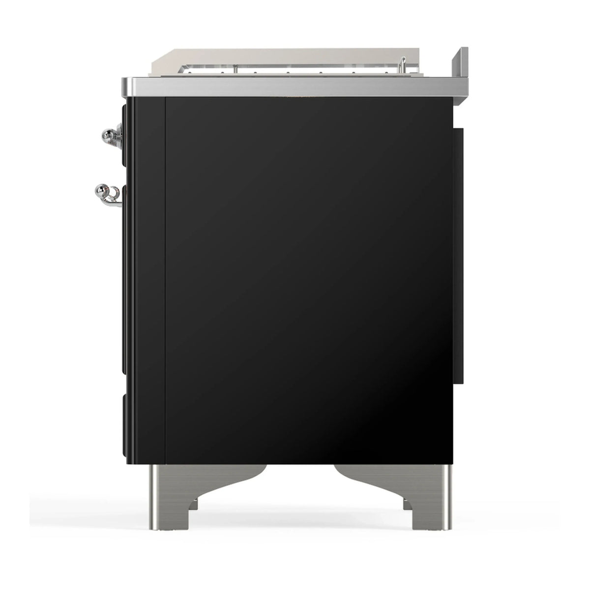 ILVE Majestic III 48-inch Dual Fuel Range with 5 Natural Gas Burner, Griddle, French Top and Triple Glass Door Electric Oven in Glossy Black with Chrome Trim (UM48FSNR3BKC)
