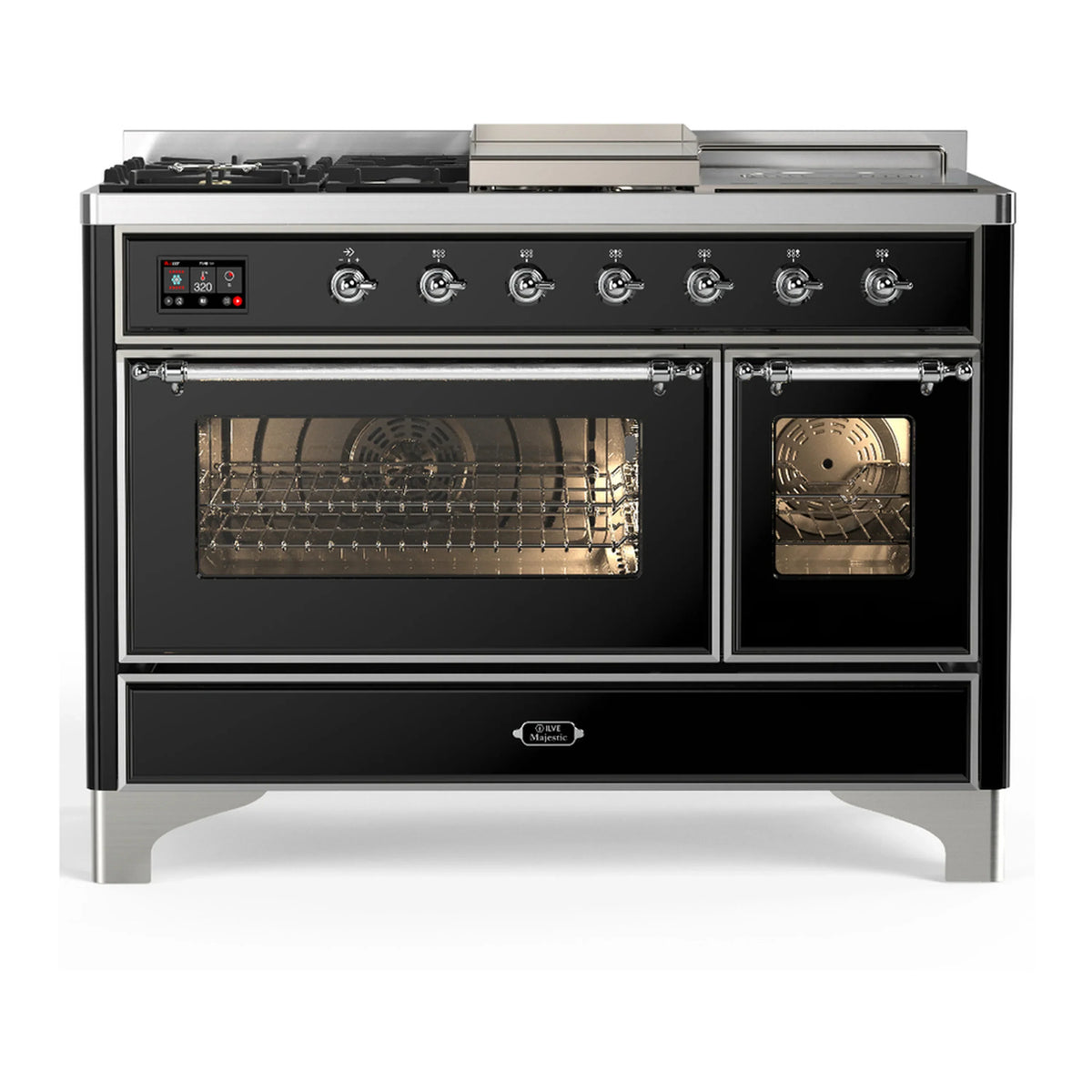 ILVE Majestic III 48-inch Dual Fuel Range with 5 Liquid Propane Burner, Griddle, French Top and Triple Glass Door Electric Oven in Glossy Black with Chrome Trim (UM48FSNR3BKCLP)