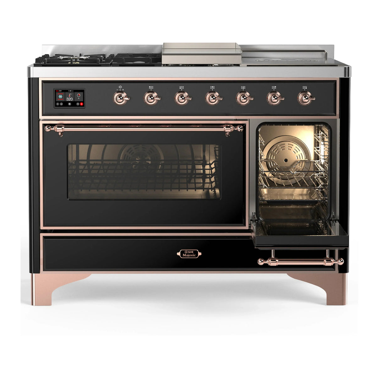 ILVE Majestic III 48-inch Dual Fuel Range with 5 Liquid Propane Burner, Griddle, French Top and Triple Glass Door Electric Oven in Glossy Black with Copper Trim (UM48FSNR3BKPLP)