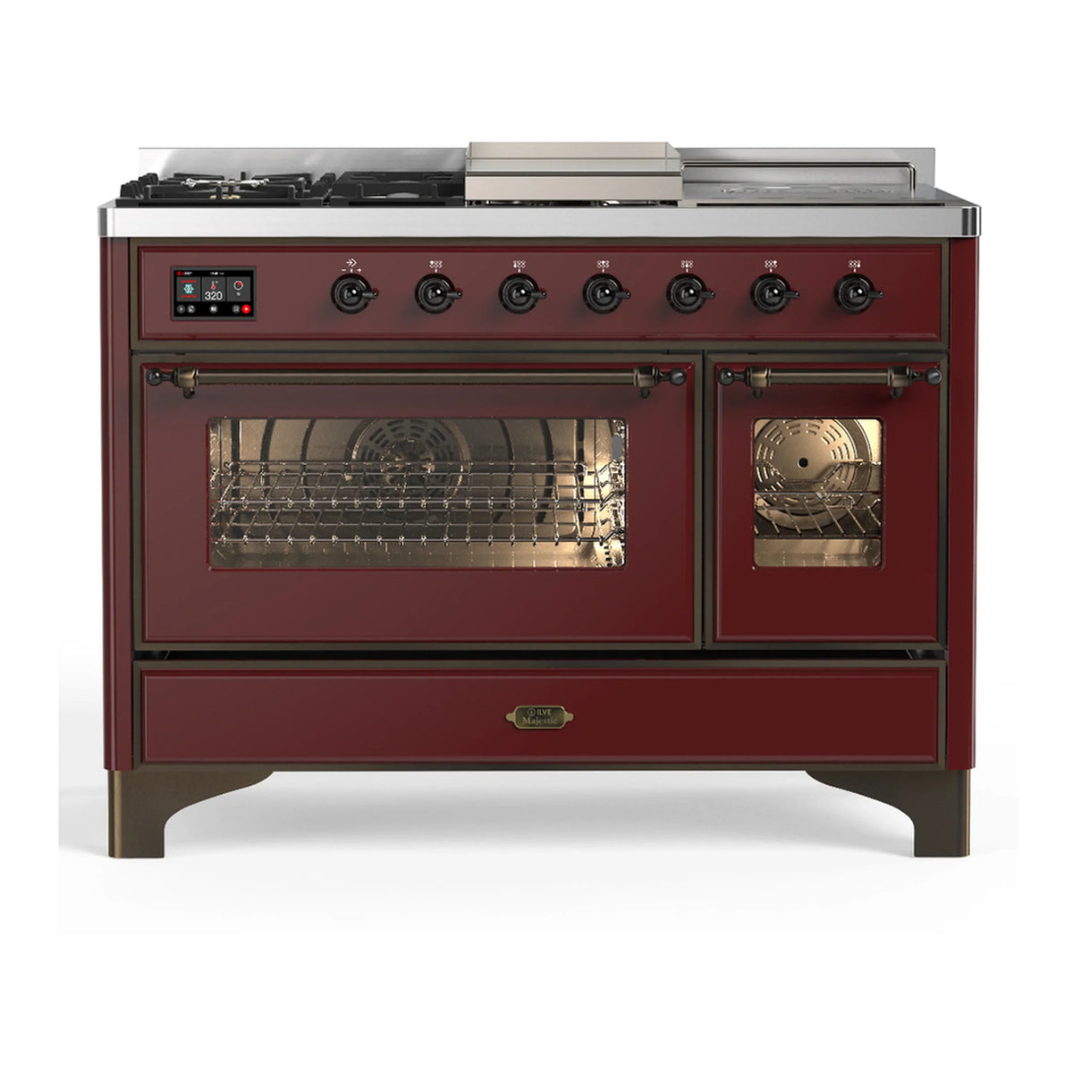 ILVE Majestic III 48-inch Dual Fuel Range with 5 Natural Gas Burner, Griddle, French Top and Triple Glass Door Electric Oven in Burgundy with Burnished Trim (UM48FSNR3BUB)