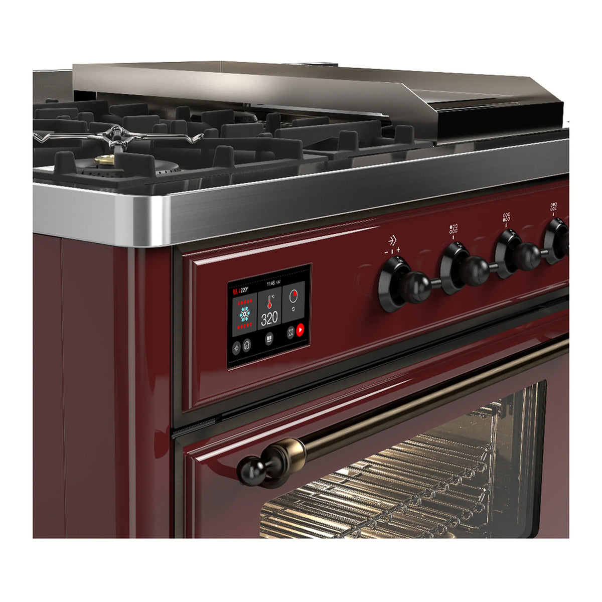 ILVE Majestic III 48-inch Dual Fuel Range with 5 Natural Gas Burner, Griddle, French Top and Triple Glass Door Electric Oven in Burgundy with Burnished Trim (UM48FSNR3BUB)
