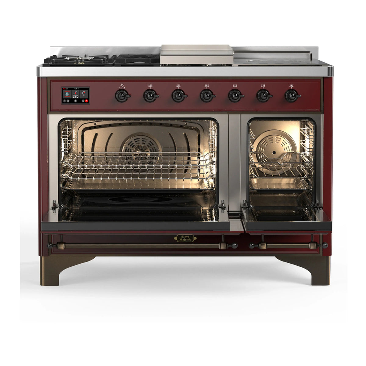 ILVE Majestic III 48-inch Dual Fuel Range with 5 Natural Gas Burner, Griddle, French Top and Triple Glass Door Electric Oven in Burgundy with Burnished Trim (UM48FSNR3BUB)