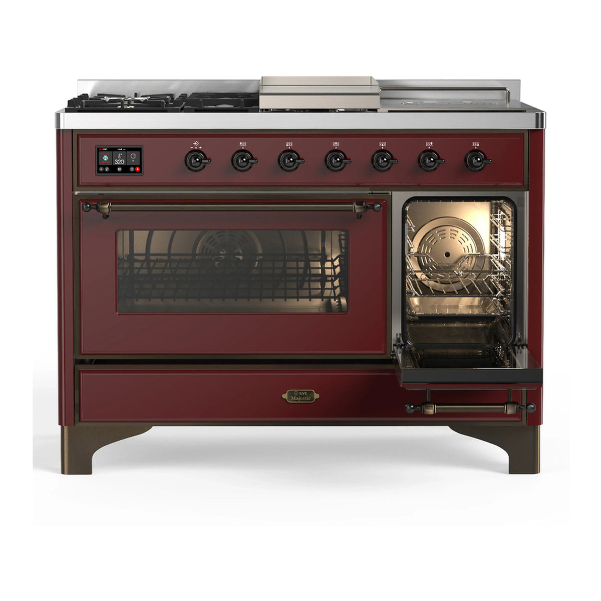 ILVE Majestic III 48-inch Dual Fuel Range with 5 Natural Gas Burner, Griddle, French Top and Triple Glass Door Electric Oven in Burgundy with Burnished Trim (UM48FSNR3BUB)