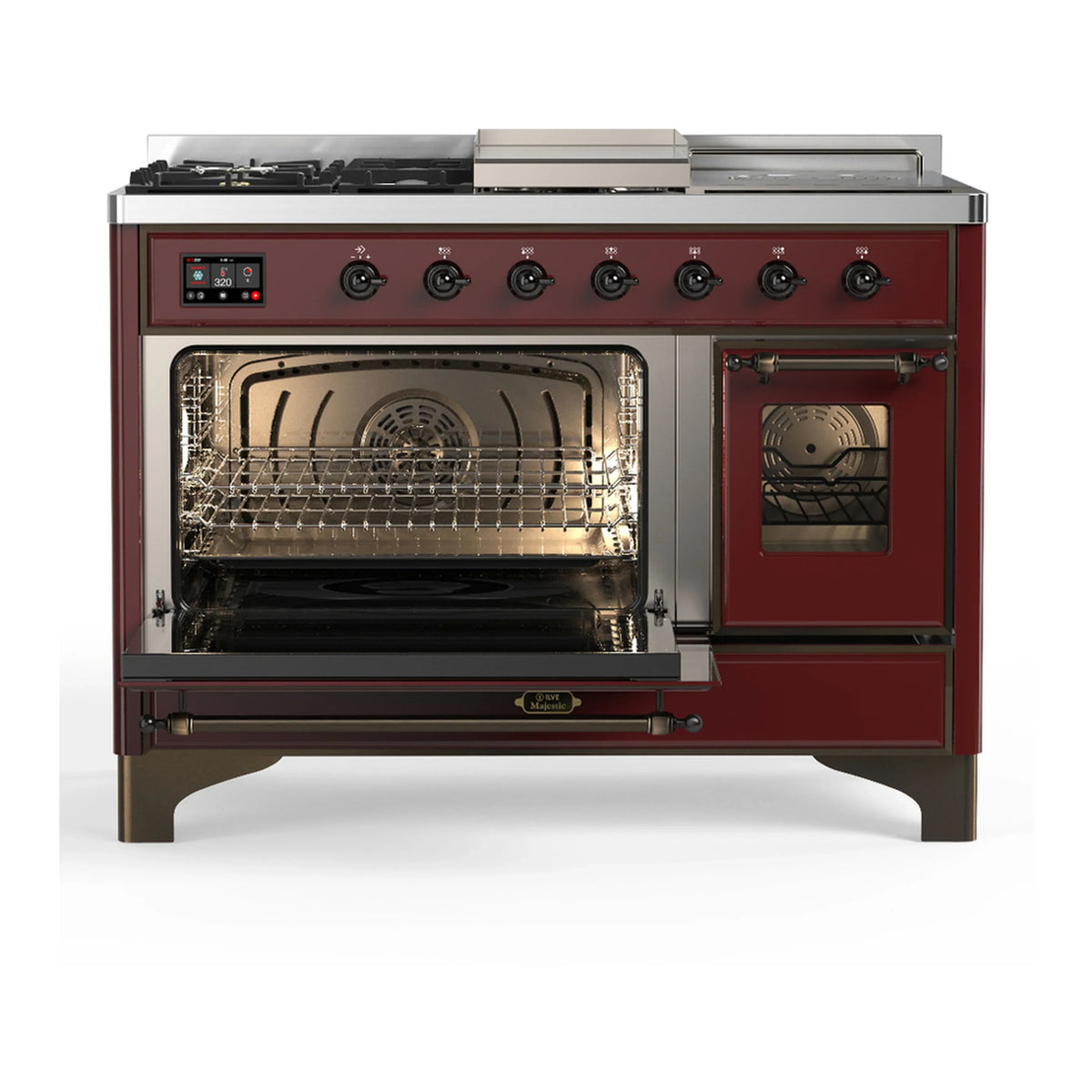 ILVE Majestic III 48-inch Dual Fuel Range with 5 Natural Gas Burner, Griddle, French Top and Triple Glass Door Electric Oven in Burgundy with Burnished Trim (UM48FSNR3BUB)