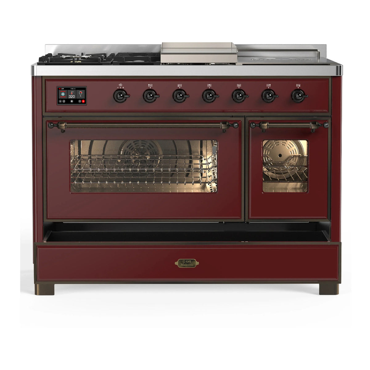 ILVE Majestic III 48-inch Dual Fuel Range with 5 Natural Gas Burner, Griddle, French Top and Triple Glass Door Electric Oven in Burgundy with Burnished Trim (UM48FSNR3BUB)