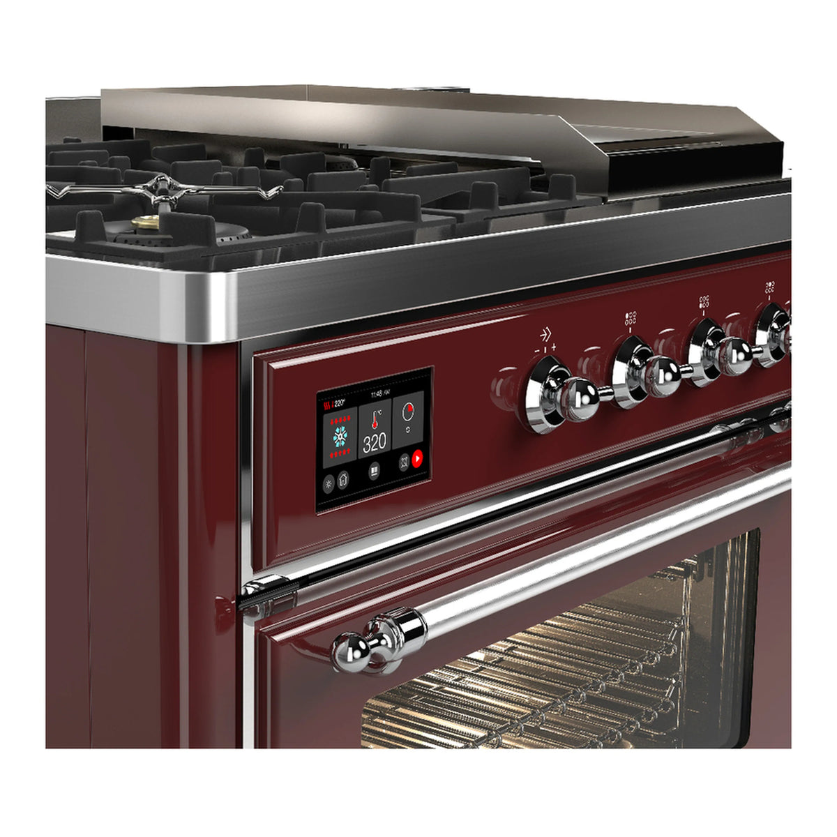 ILVE Majestic III 48-inch Dual Fuel Range with 5 Liquid Propane Burner, Griddle, French Top and Triple Glass Door Electric Oven in Burgundy with Chrome Trim (UM48FSNR3BUCLP)