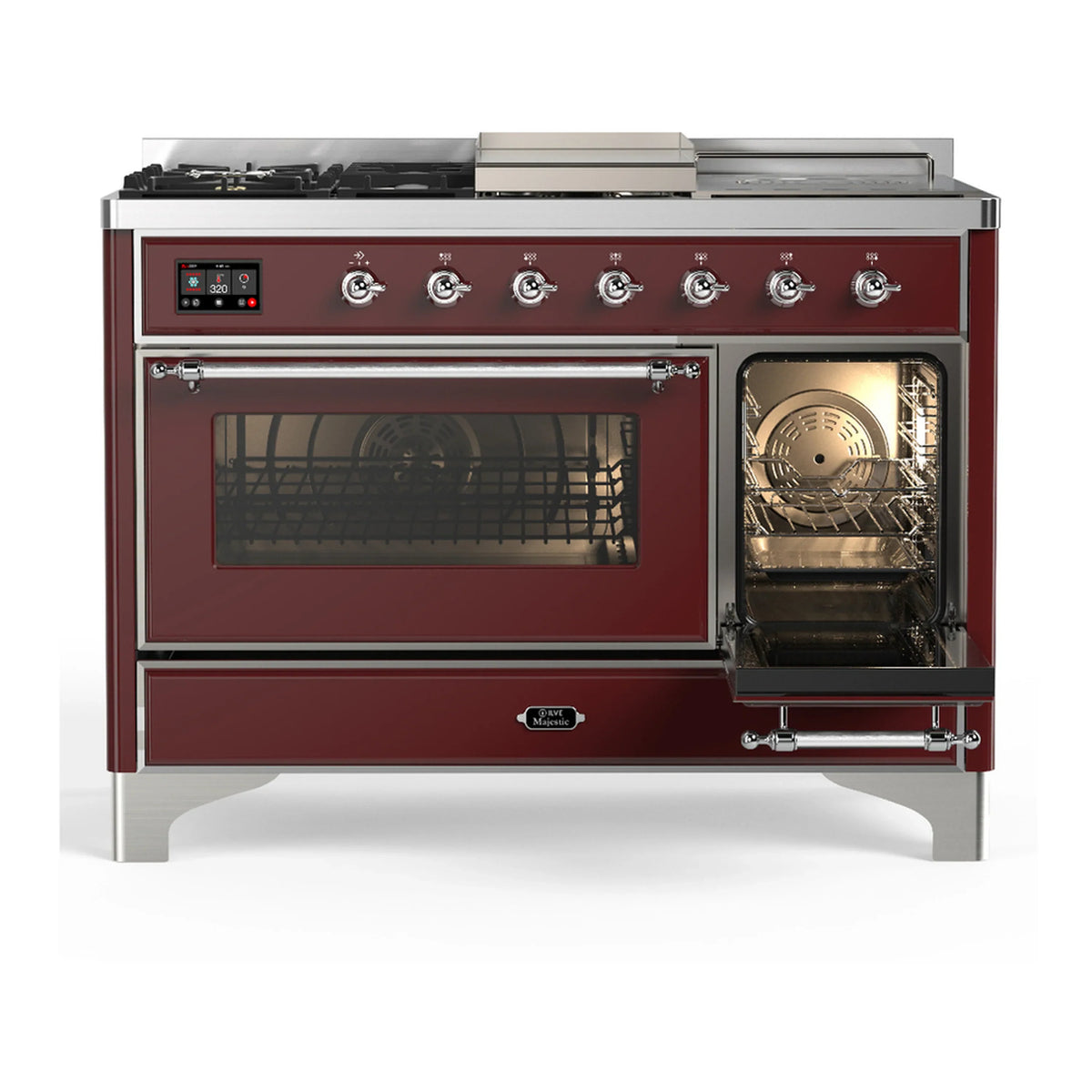 ILVE Majestic III 48-inch Dual Fuel Range with 5 Liquid Propane Burner, Griddle, French Top and Triple Glass Door Electric Oven in Burgundy with Chrome Trim (UM48FSNR3BUCLP)