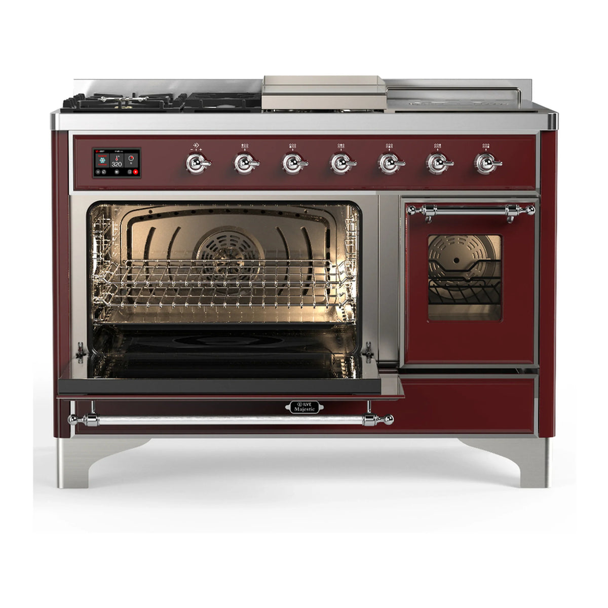 ILVE Majestic III 48-inch Dual Fuel Range with 5 Liquid Propane Burner, Griddle, French Top and Triple Glass Door Electric Oven in Burgundy with Chrome Trim (UM48FSNR3BUCLP)