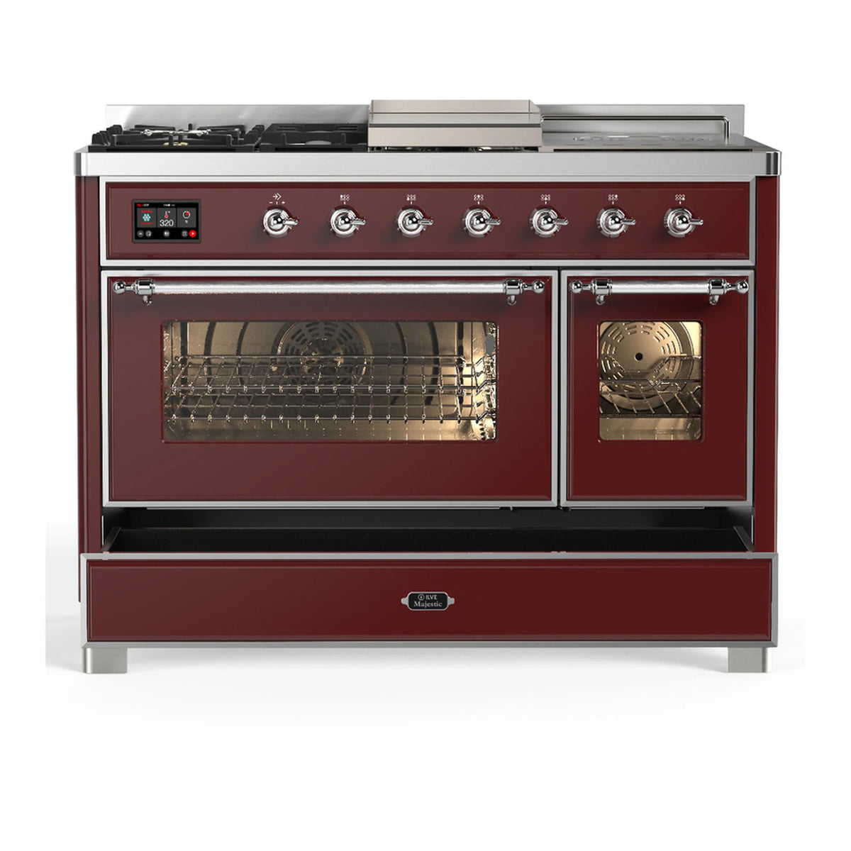 ILVE Majestic III 48-inch Dual Fuel Range with 5 Liquid Propane Burner, Griddle, French Top and Triple Glass Door Electric Oven in Burgundy with Chrome Trim (UM48FSNR3BUCLP)