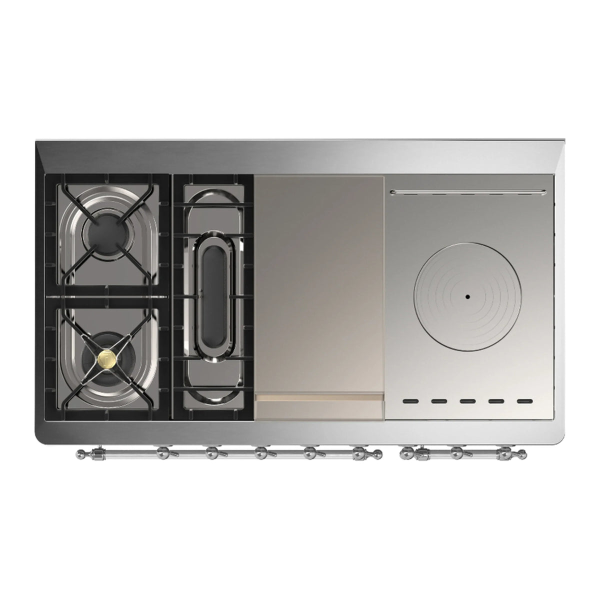 ILVE Majestic III 48-inch Dual Fuel Range with 5 Liquid Propane Burner, Griddle, French Top and Triple Glass Door Electric Oven in Burgundy with Chrome Trim (UM48FSNR3BUCLP)
