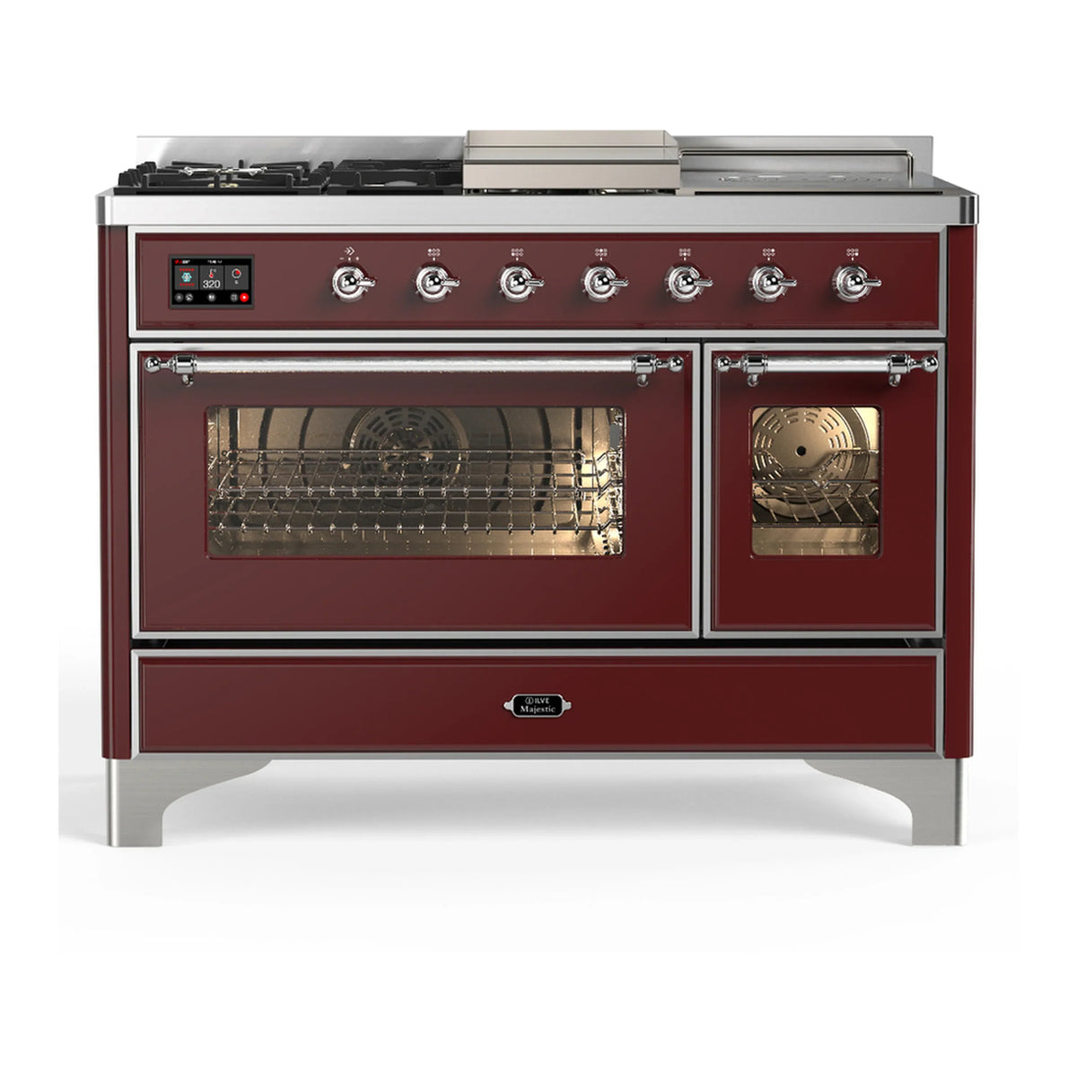 ILVE Majestic III 48-Inch Dual Fuel Range, 5 NG Burners, Griddle, French Top, Triple Glass Door, Burgundy, Chrome Trim (UM48FSNR3BUC)