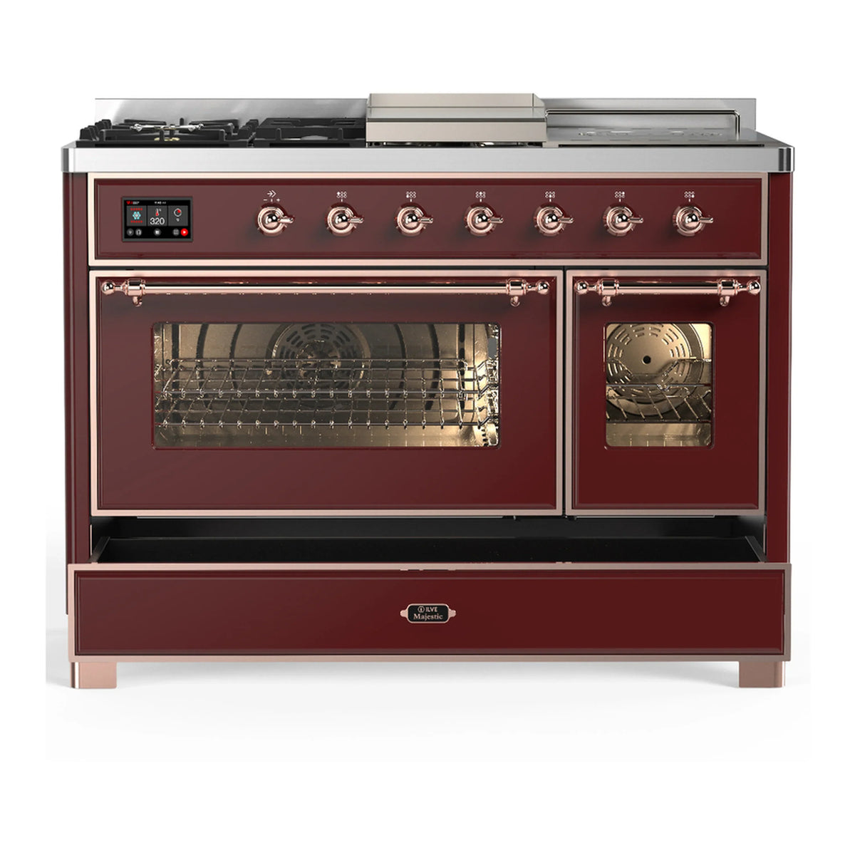 ILVE Majestic III 48-inch Dual Fuel Range with 5 Natural Gas Burner, Griddle, French Top and Triple Glass Door Electric Oven in Burgundy with Copper Trim (UM48FSNR3BUP)