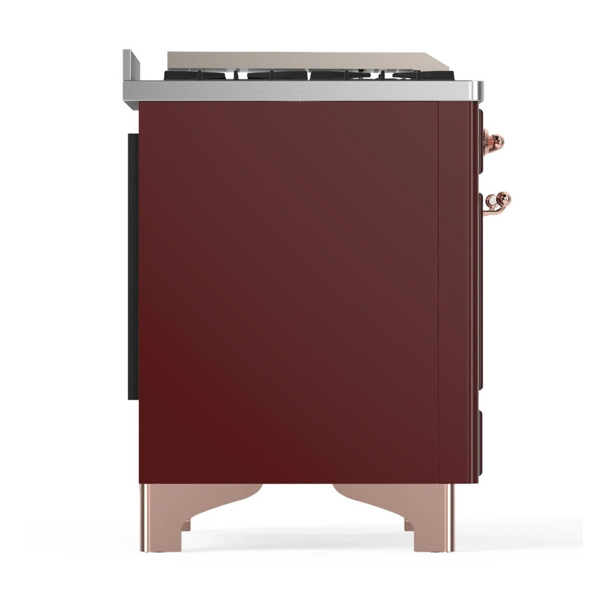 ILVE Majestic III 48-inch Dual Fuel Range with 5 Natural Gas Burner, Griddle, French Top and Triple Glass Door Electric Oven in Burgundy with Copper Trim (UM48FSNR3BUP)