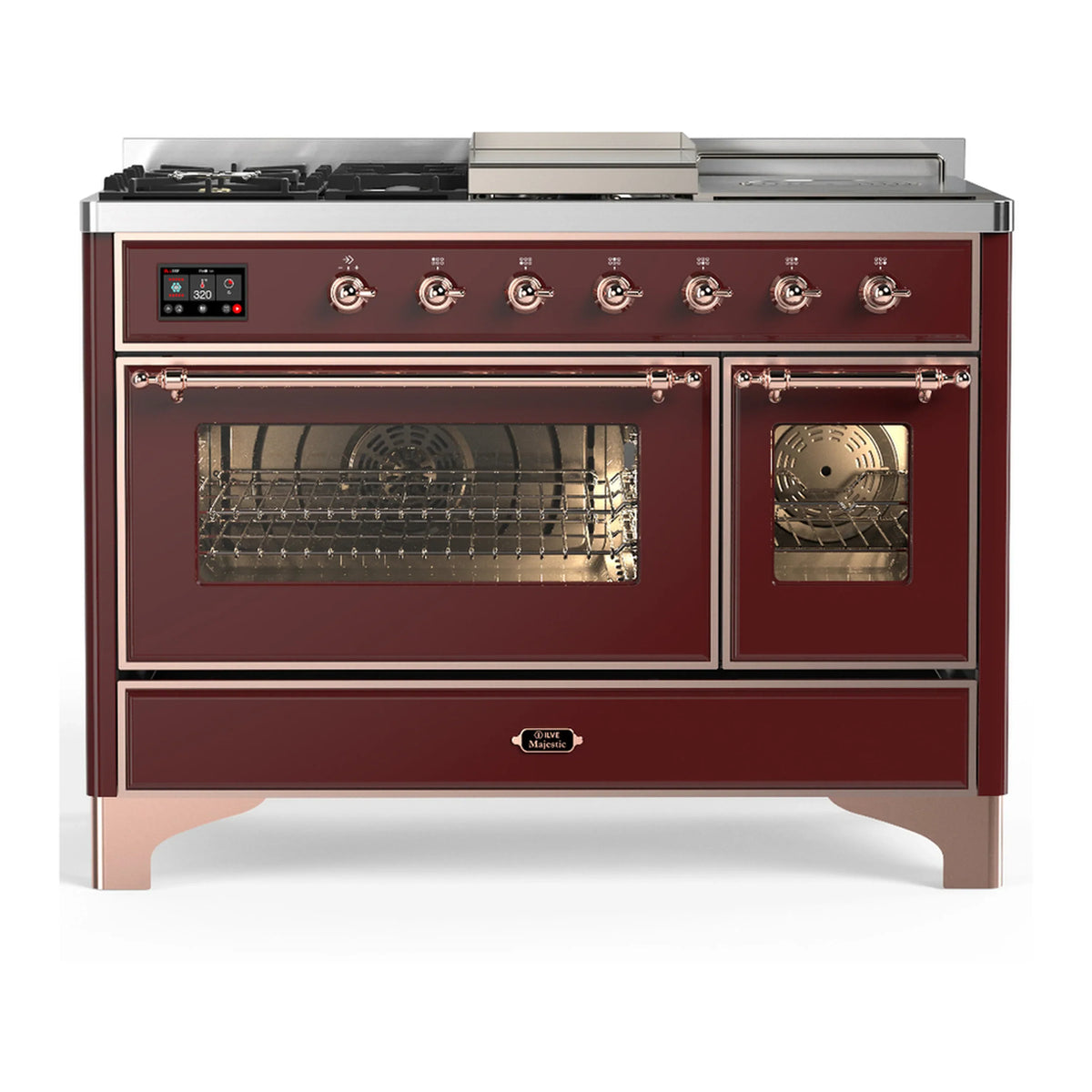 ILVE Majestic III 48-Inch Dual Fuel Range, 5 LP Burners, Griddle, French Top, Triple Glass Door, Burgundy, Copper Trim (UM48FSNR3BUPLP)