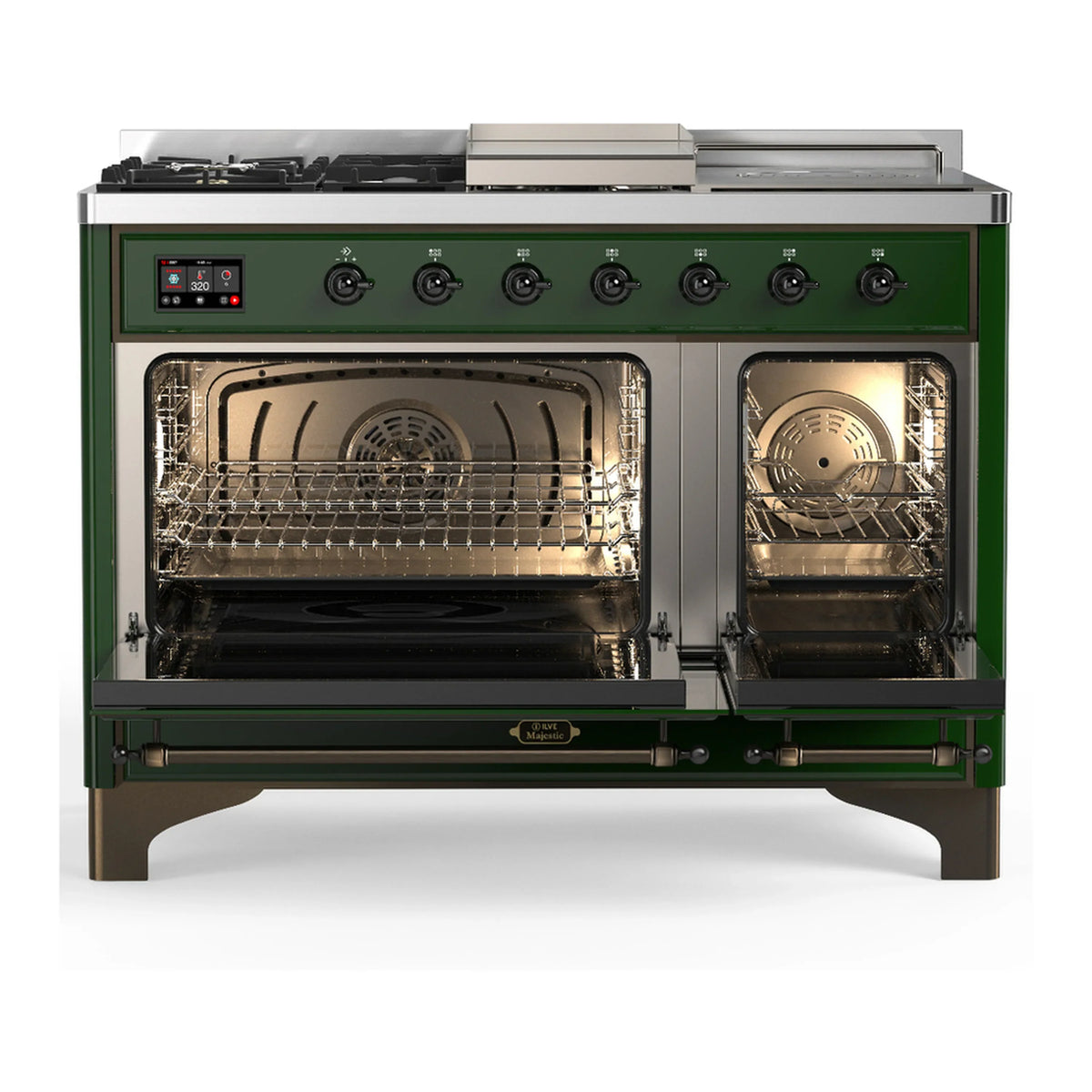 ILVE Majestic III 48-inch Dual Fuel Range with 5 Natural Gas Burner, Griddle, French Top and Triple Glass Door Electric Oven in Emerald Green with Burnished Trim (UM48FSNR3EGB)