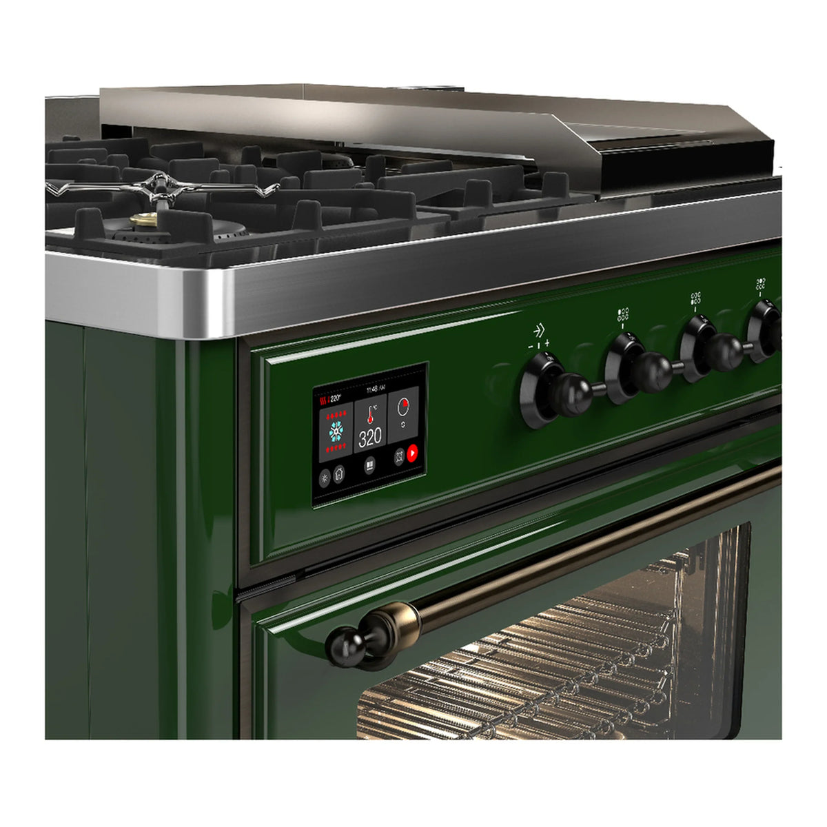 ILVE Majestic III 48-inch Dual Fuel Range with 5 Natural Gas Burner, Griddle, French Top and Triple Glass Door Electric Oven in Emerald Green with Burnished Trim (UM48FSNR3EGB)