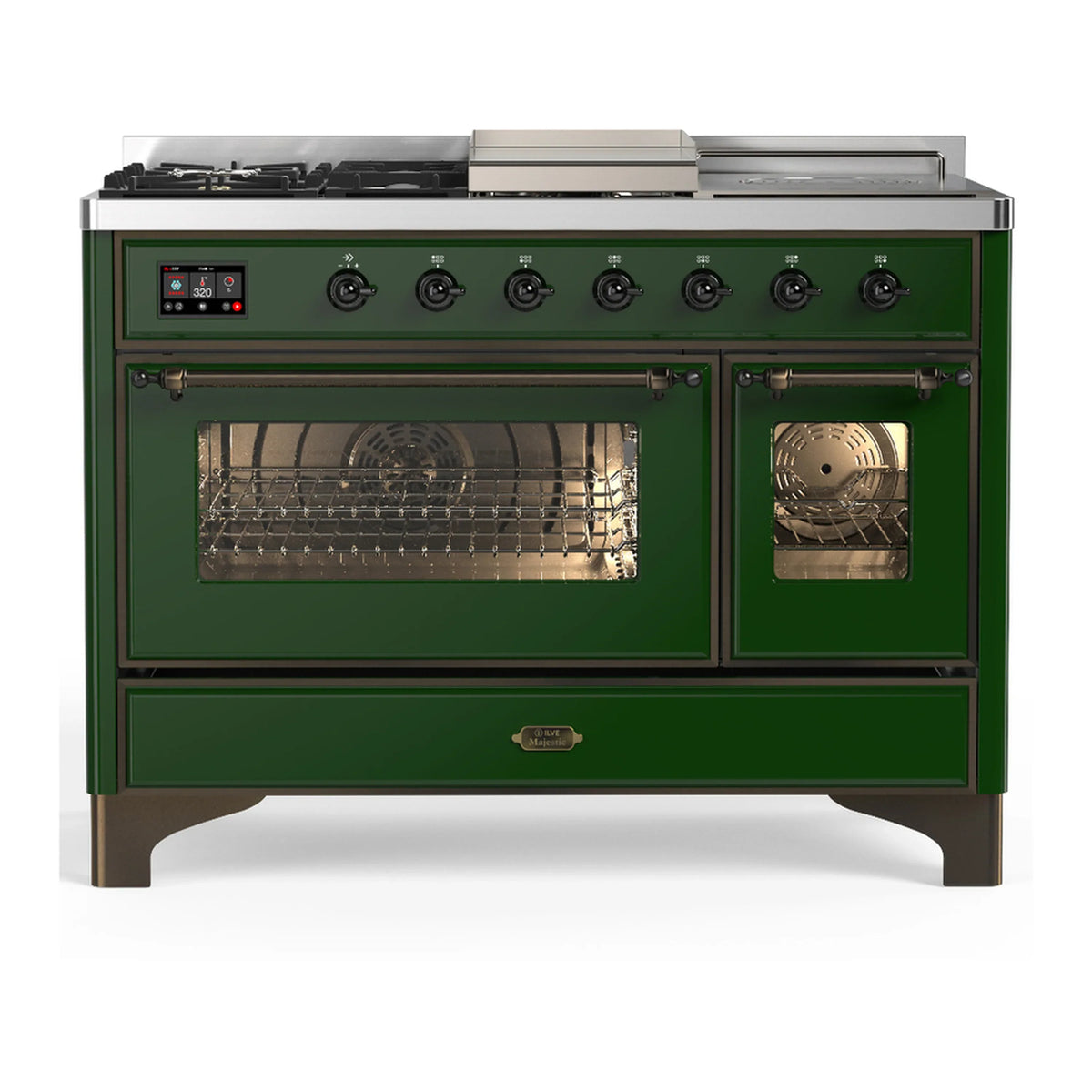 ILVE Majestic III 48-Inch Dual Fuel Range, 5 LP Burners, Griddle, French Top, Triple Glass Door, Emerald Green, Burnished Trim (UM48FSNR3EGBLP)