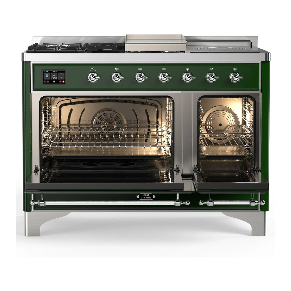 ILVE Majestic III 48-inch Dual Fuel Range with 5 Natural Gas Burner, Griddle, French Top and Triple Glass Door Electric Oven in Emerald Green with Chrome Trim (UM48FSNR3EGC)