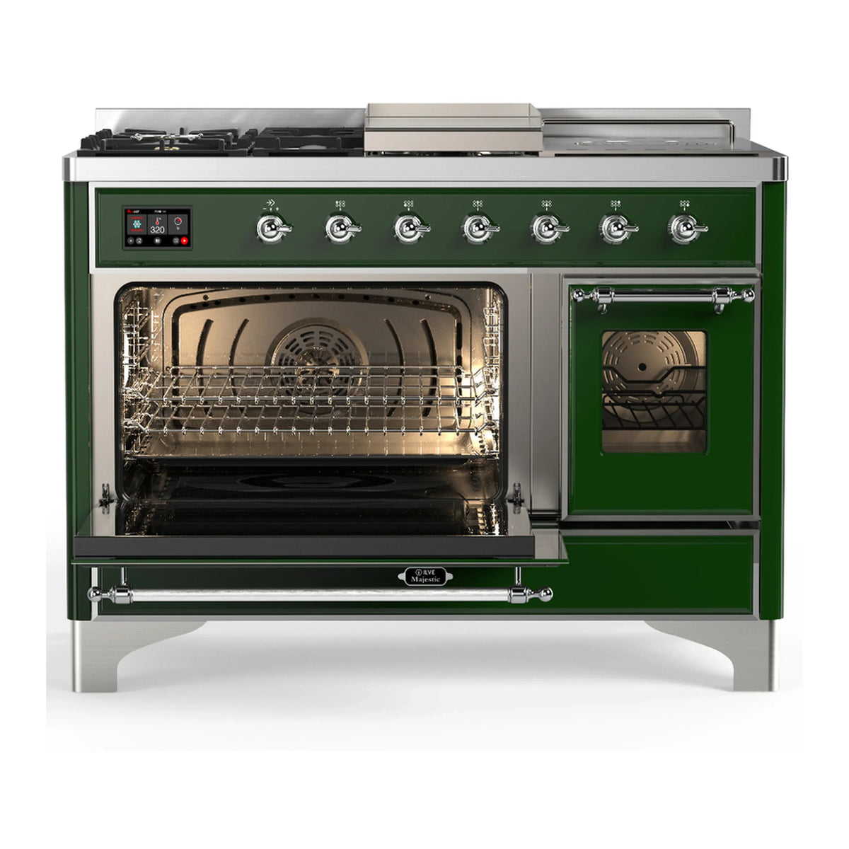 ILVE Majestic III 48-inch Dual Fuel Range with 5 Natural Gas Burner, Griddle, French Top and Triple Glass Door Electric Oven in Emerald Green with Chrome Trim (UM48FSNR3EGC)