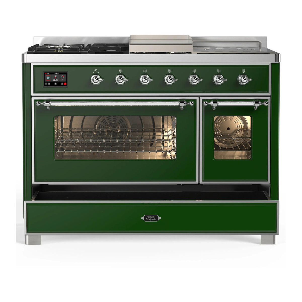 ILVE Majestic III 48-inch Dual Fuel Range with 5 Natural Gas Burner, Griddle, French Top and Triple Glass Door Electric Oven in Emerald Green with Chrome Trim (UM48FSNR3EGC)