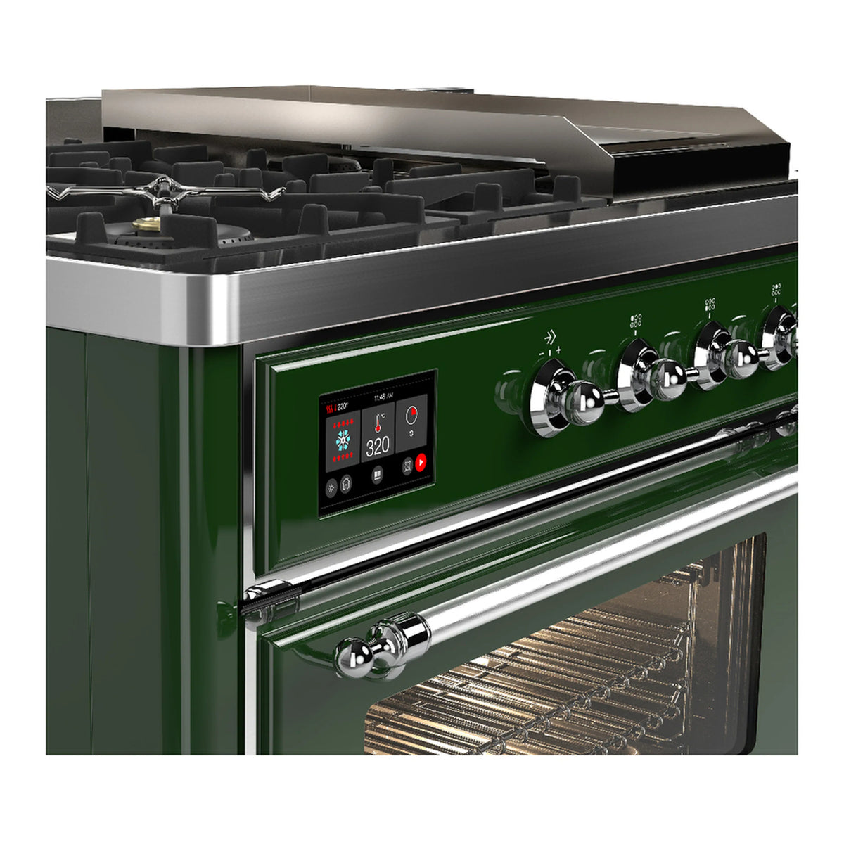 ILVE Majestic III 48-inch Dual Fuel Range with 5 Natural Gas Burner, Griddle, French Top and Triple Glass Door Electric Oven in Emerald Green with Chrome Trim (UM48FSNR3EGC)