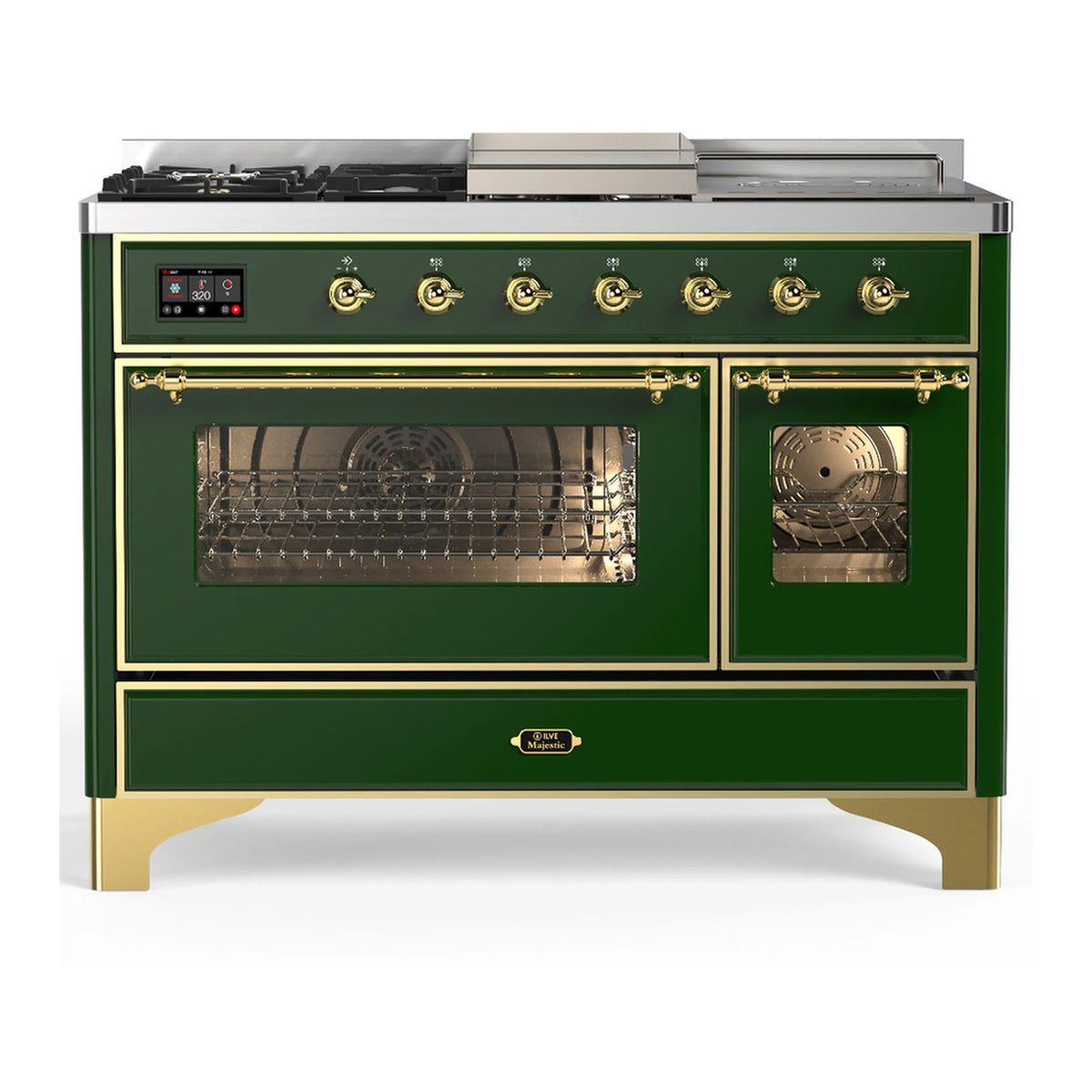 ILVE Majestic III 48-Inch Dual Fuel Range, 5 NG Burners, Griddle, French Top, Triple Glass Door, Emerald Green, Brass Trim (UM48FSNR3EGG)