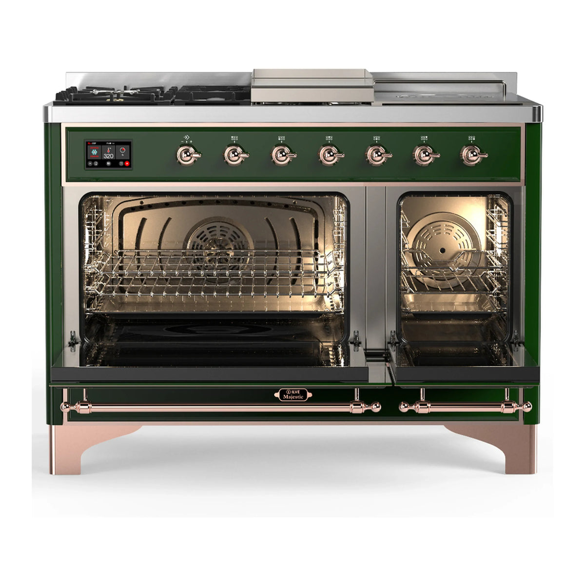 ILVE Majestic III 48-inch Dual Fuel Range with 5 Natural Gas Burner, Griddle, French Top and Triple Glass Door Electric Oven in Emerald Green with Copper Trim (UM48FSNR3EGP)