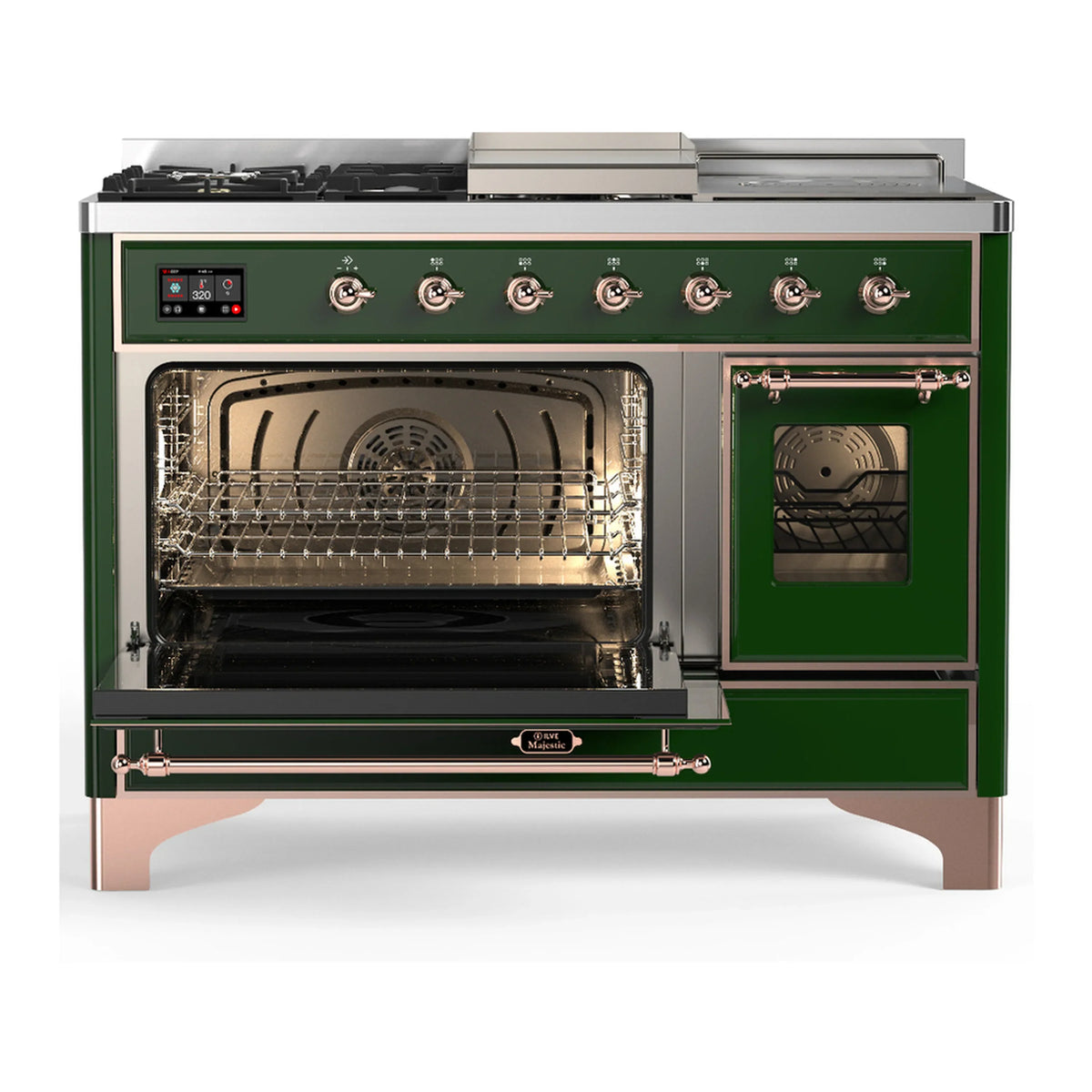 ILVE Majestic III 48-inch Dual Fuel Range with 5 Natural Gas Burner, Griddle, French Top and Triple Glass Door Electric Oven in Emerald Green with Copper Trim (UM48FSNR3EGP)