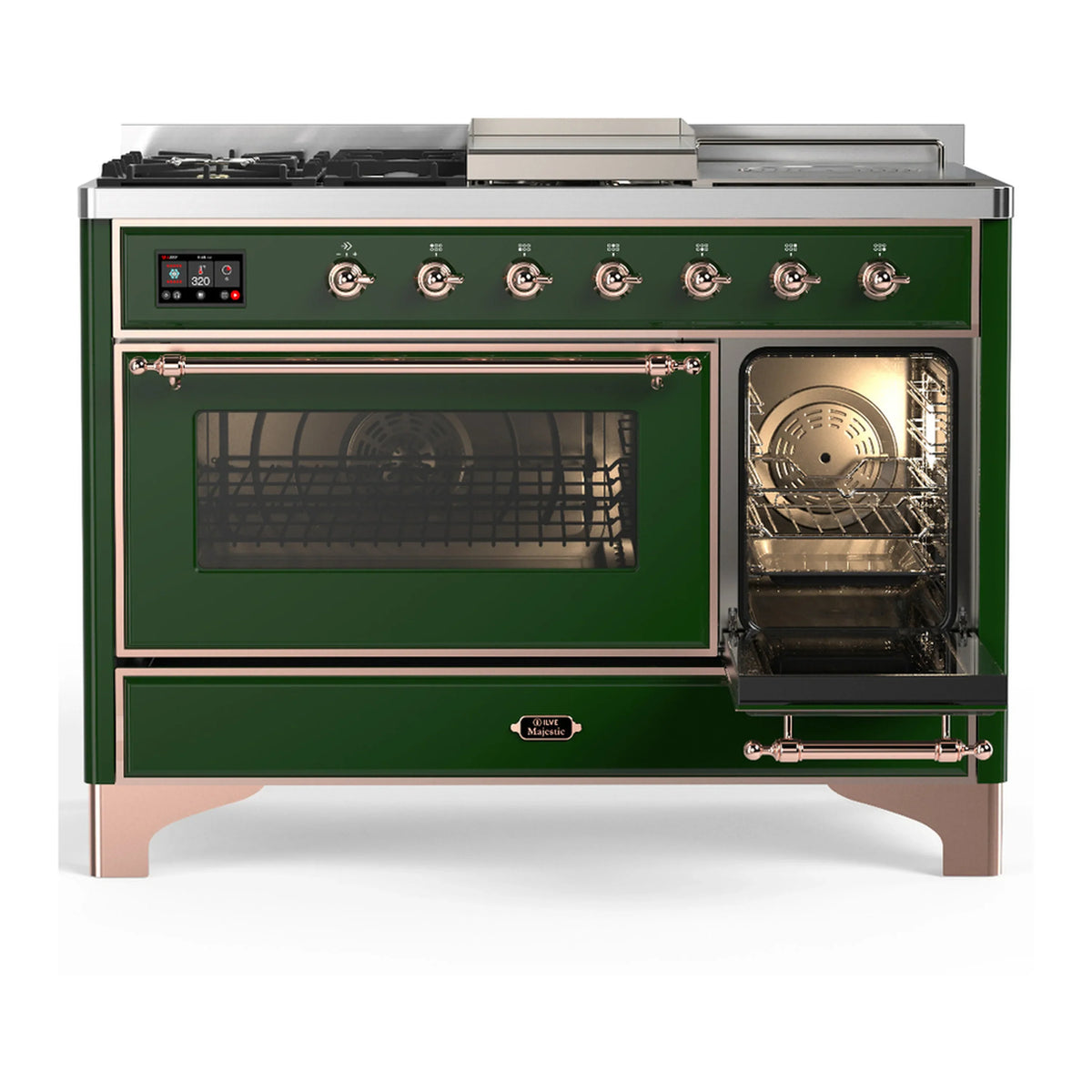 ILVE Majestic III 48-inch Dual Fuel Range with 5 Natural Gas Burner, Griddle, French Top and Triple Glass Door Electric Oven in Emerald Green with Copper Trim (UM48FSNR3EGP)