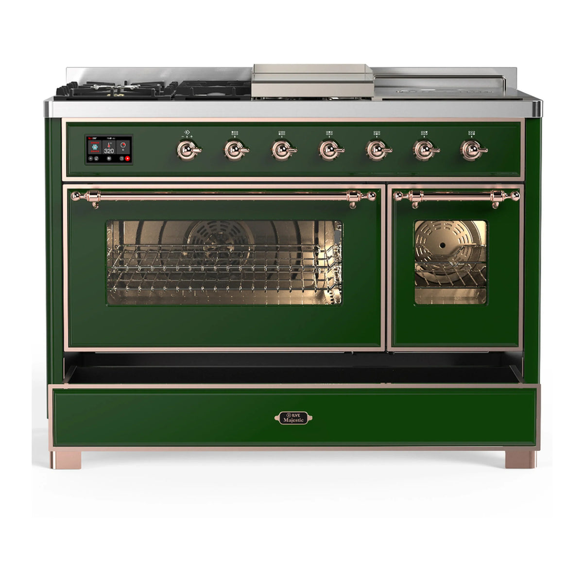 ILVE Majestic III 48-inch Dual Fuel Range with 5 Natural Gas Burner, Griddle, French Top and Triple Glass Door Electric Oven in Emerald Green with Copper Trim (UM48FSNR3EGP)